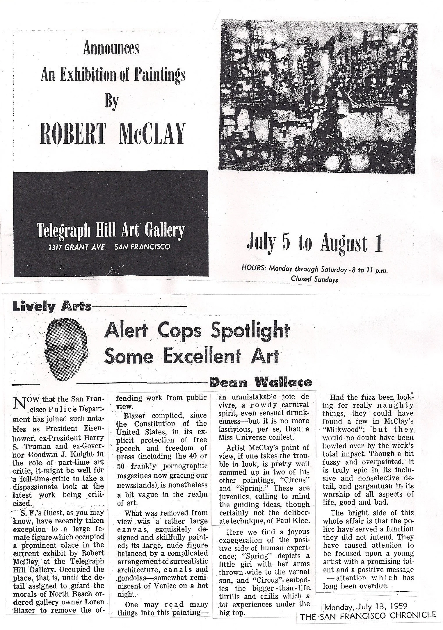 A newspaper page with an announcement for Robert McClay's art exhibition at Telegraph Hill Art Gallery, San Francisco from July 5 to August 1, 1959, including an image of a painting and a review of McClay's artwork, highlighting his style and themes.