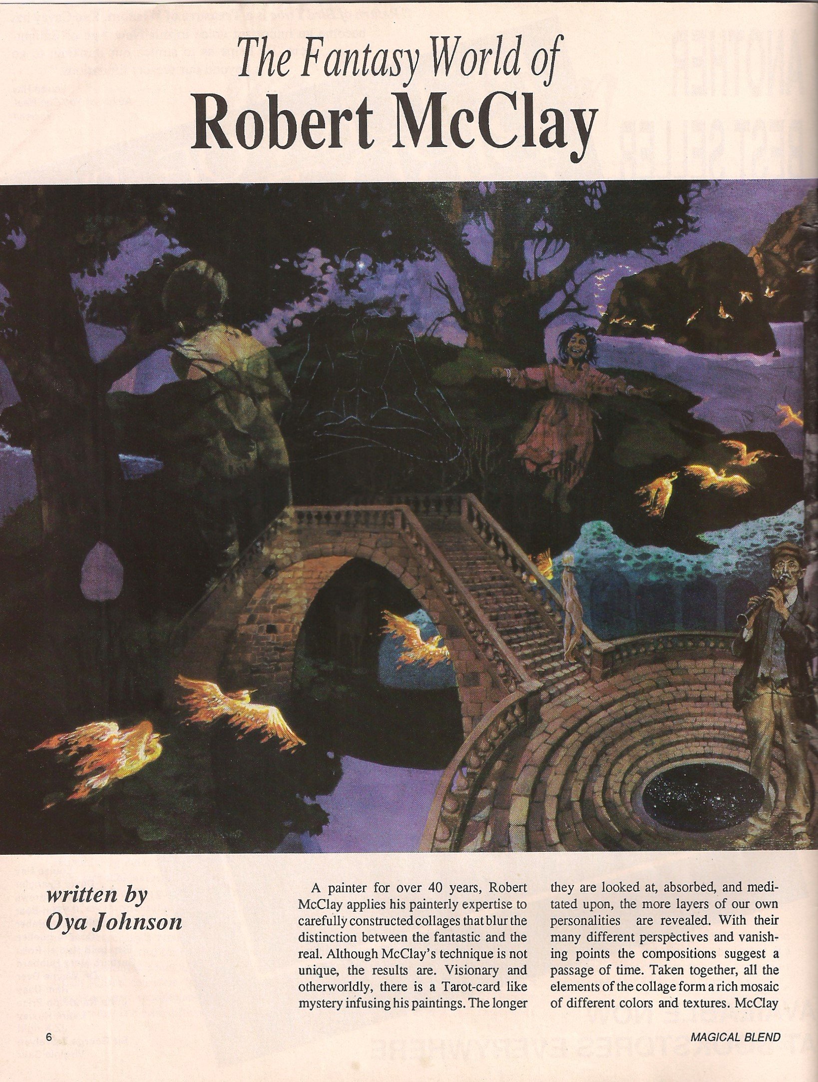 Photo of Page 1 of an article titled "The Fantasy World of Robert McClay" from Magical Blend Magazine, April 1989.