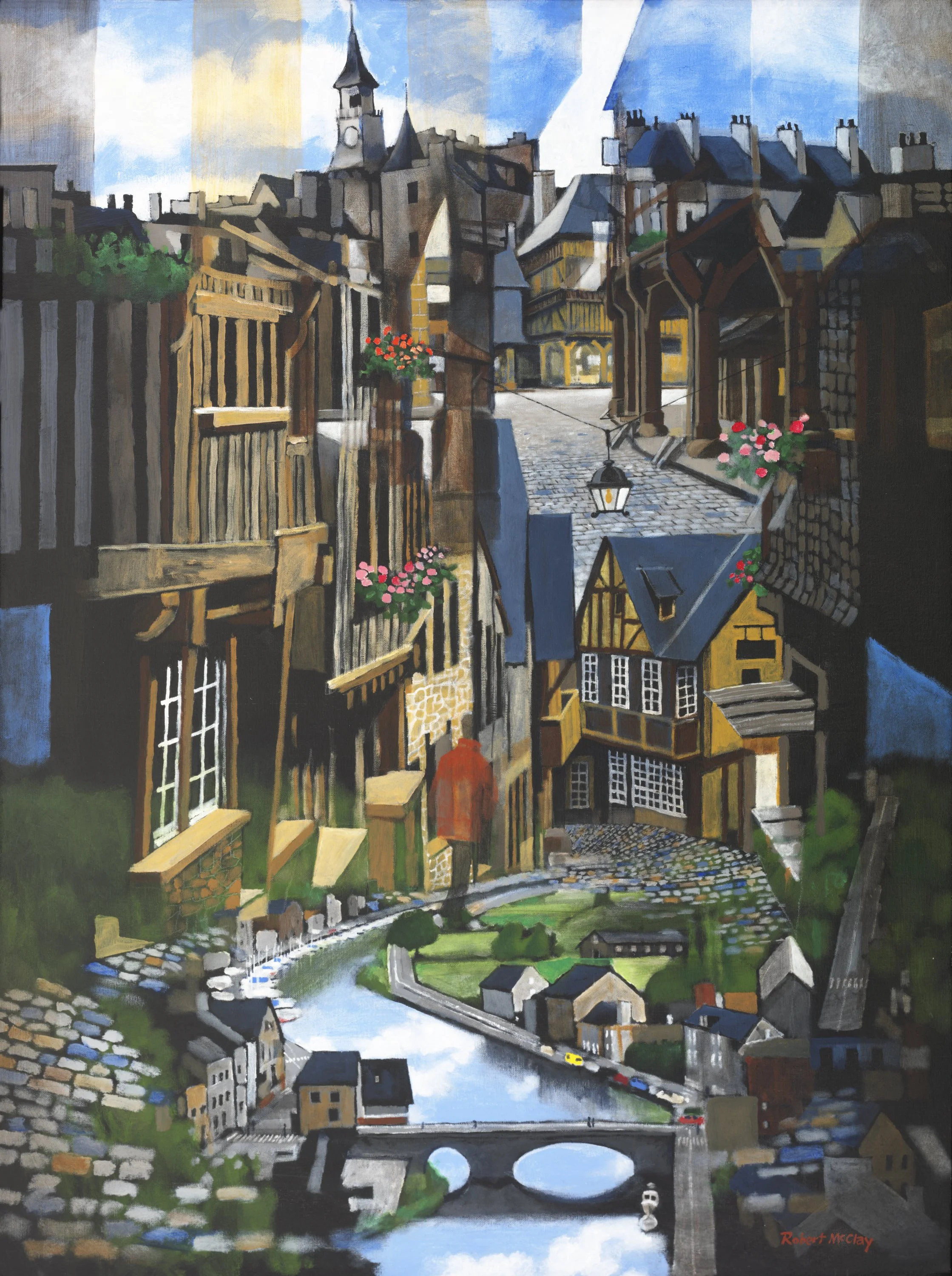 Painting of a Northern European-style village viewed from multiple perspectives with cobblestone streets, colorful buildings, a river with bridges, and flower boxes under windows.