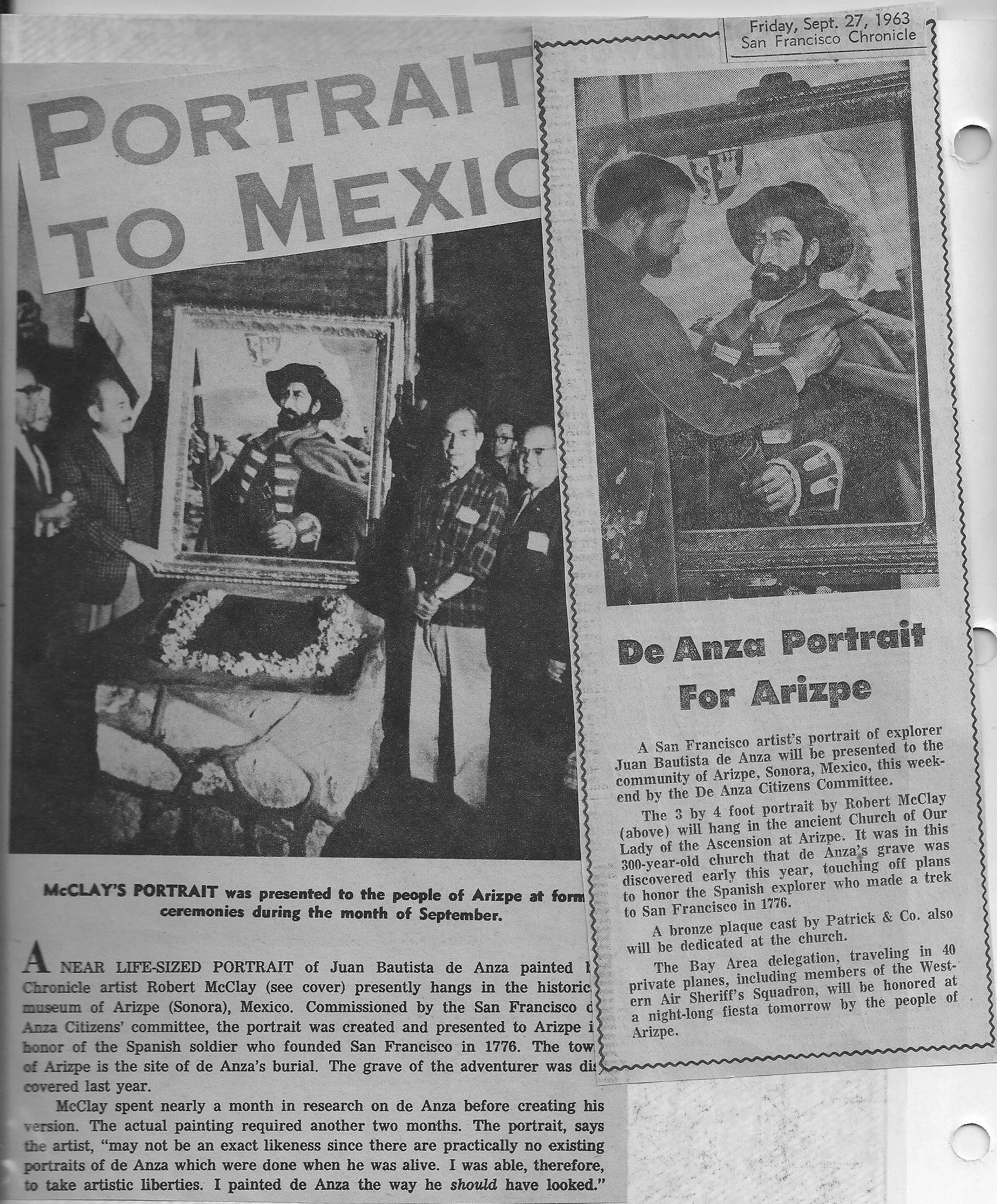 Clipping from the S.F. Chronicle from September 27, 1963, with a photo of the De Anza Citizens' Committee presenting the portrait of Juan Bautista de Anza to the community of Arizpe, Sonora, Mexico.