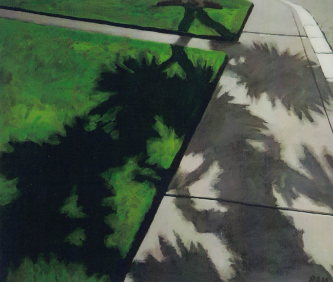 Watercolor painting of a Daly City sidewalk with a shadow of a palm tree cast onto the wet concrete, adjacent to a green lawn.