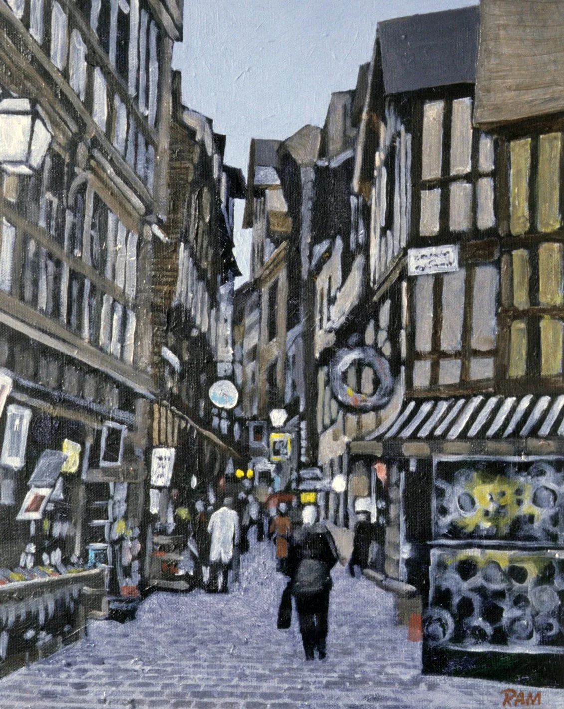 A painting of a narrow, cobblestone street in Mont St. Michel, France lined with old-style buildings, shops, and people walking, some holding umbrellas, under a gray sky.