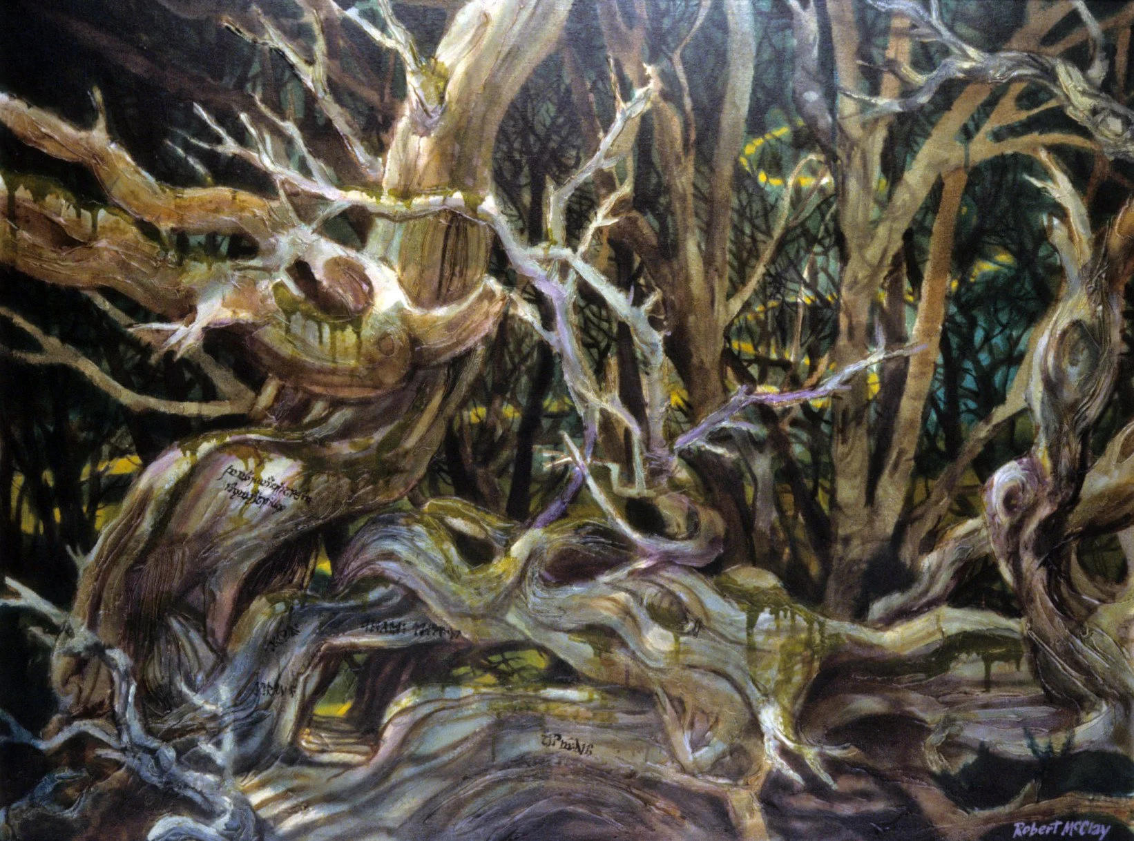 A detailed painting of a fallen, twisted tree trunk and branches in a dark, dense forest in Middle Earth, with a background of intertwined trees and foliage. There is a winding, sunlit path and Hobbit language inscriptions.