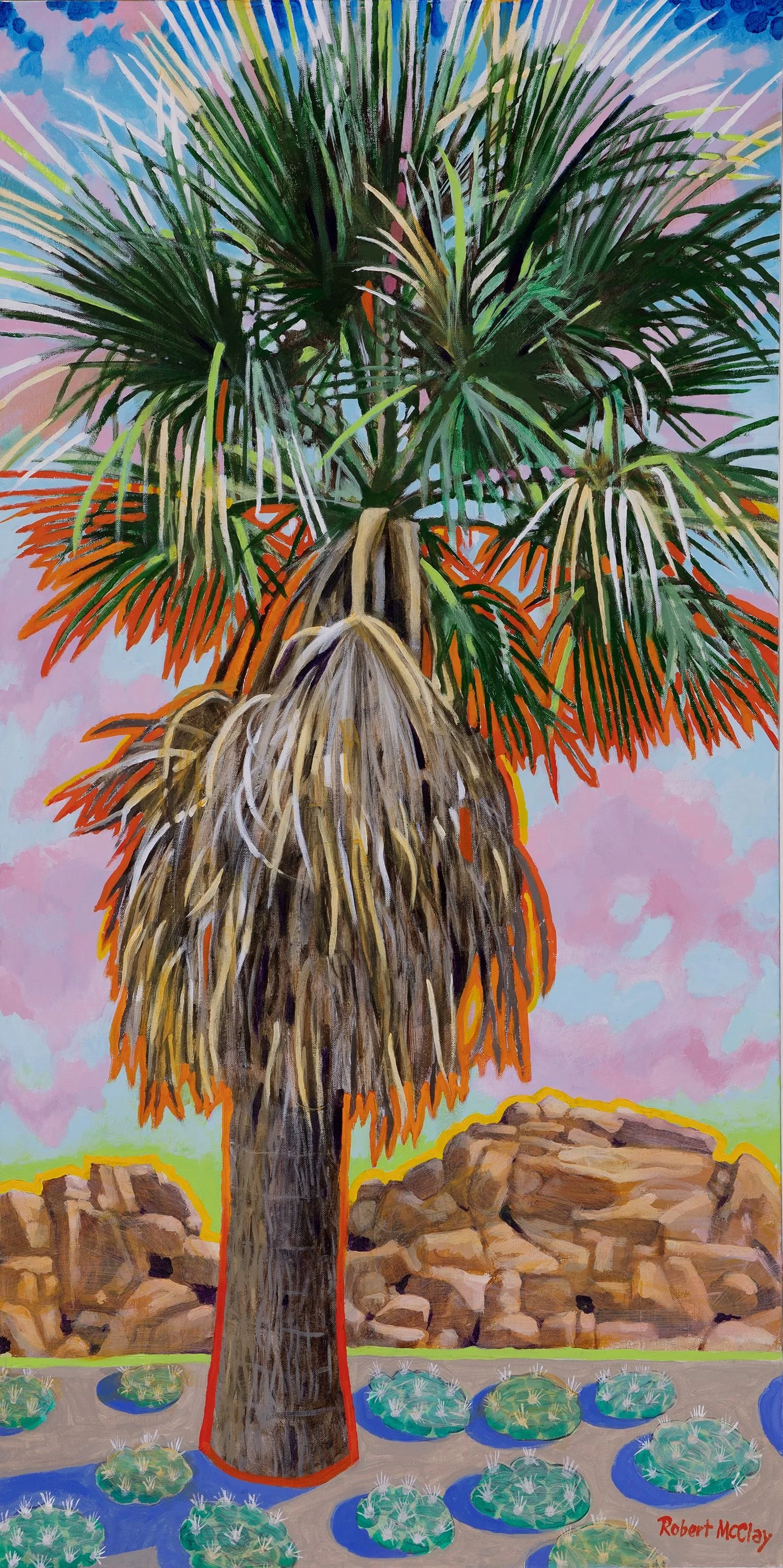 Painting of a colorful palm tree shimmering against a desert landscape with, rock formations, peyote cacti and a pink and blue sky.