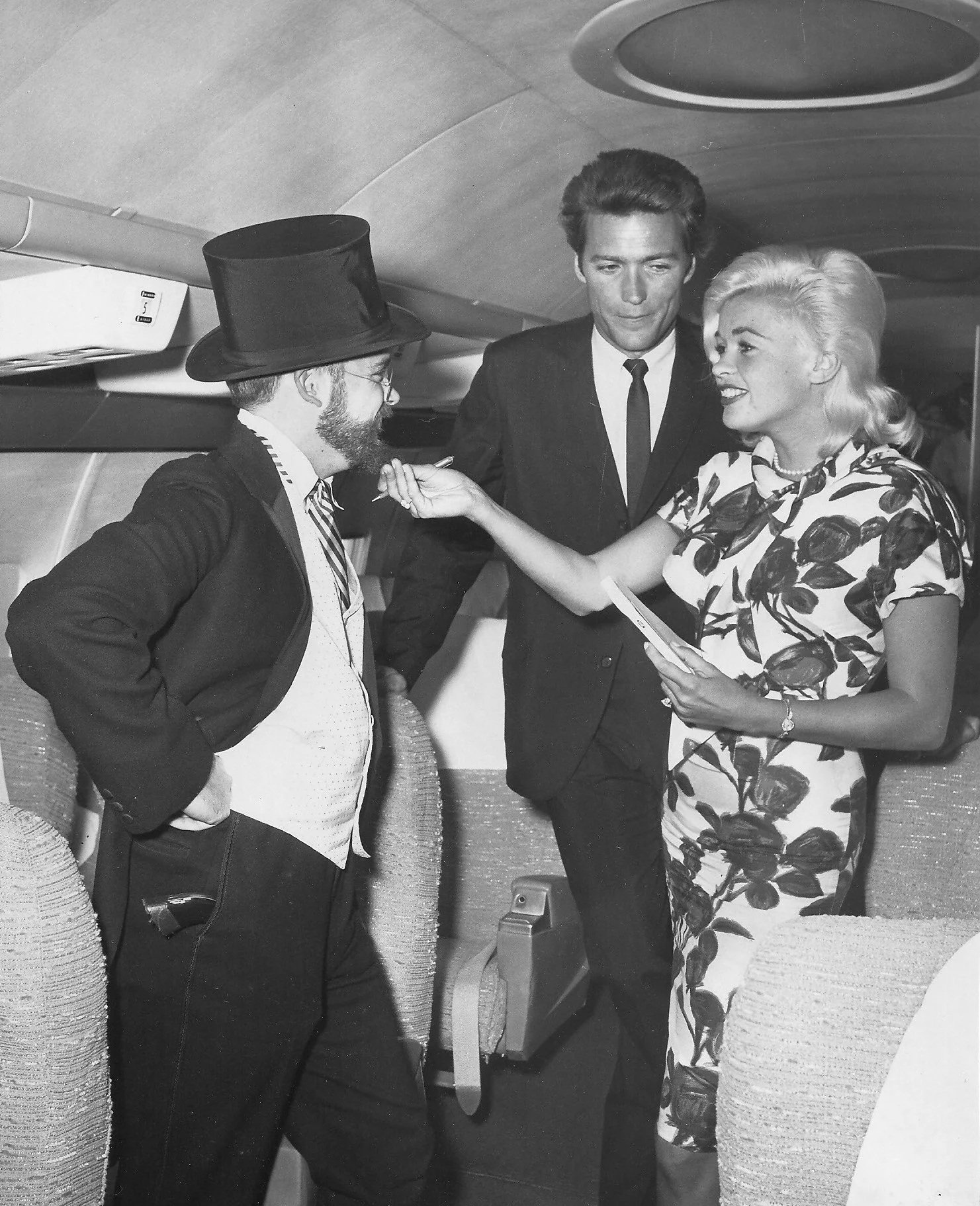A black and white photo of McClay with Jayne Mansfield and Clint Eastwood, taken for a San Francisco Chronicle promotion of the local event "Bagdad by the Bay" in 1962.