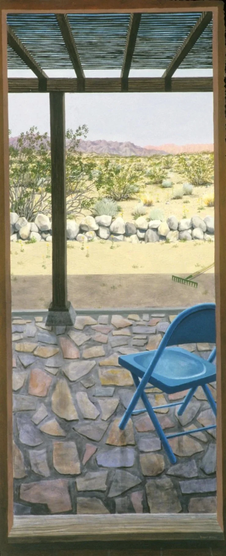 A painting of a view from a porch showing a desert landscape with bushes, rocks, and distant mountains, seen through a screen door with a blue chair on a stone floor.
