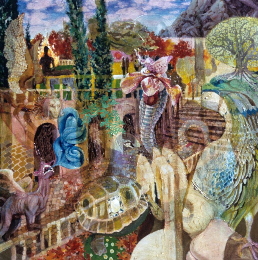 An abstract, colorful painting featuring various animals, trees, and mythological elements, including a turtle, a pink horse, a butterfly, and human figures in a lush, imaginative landscape.