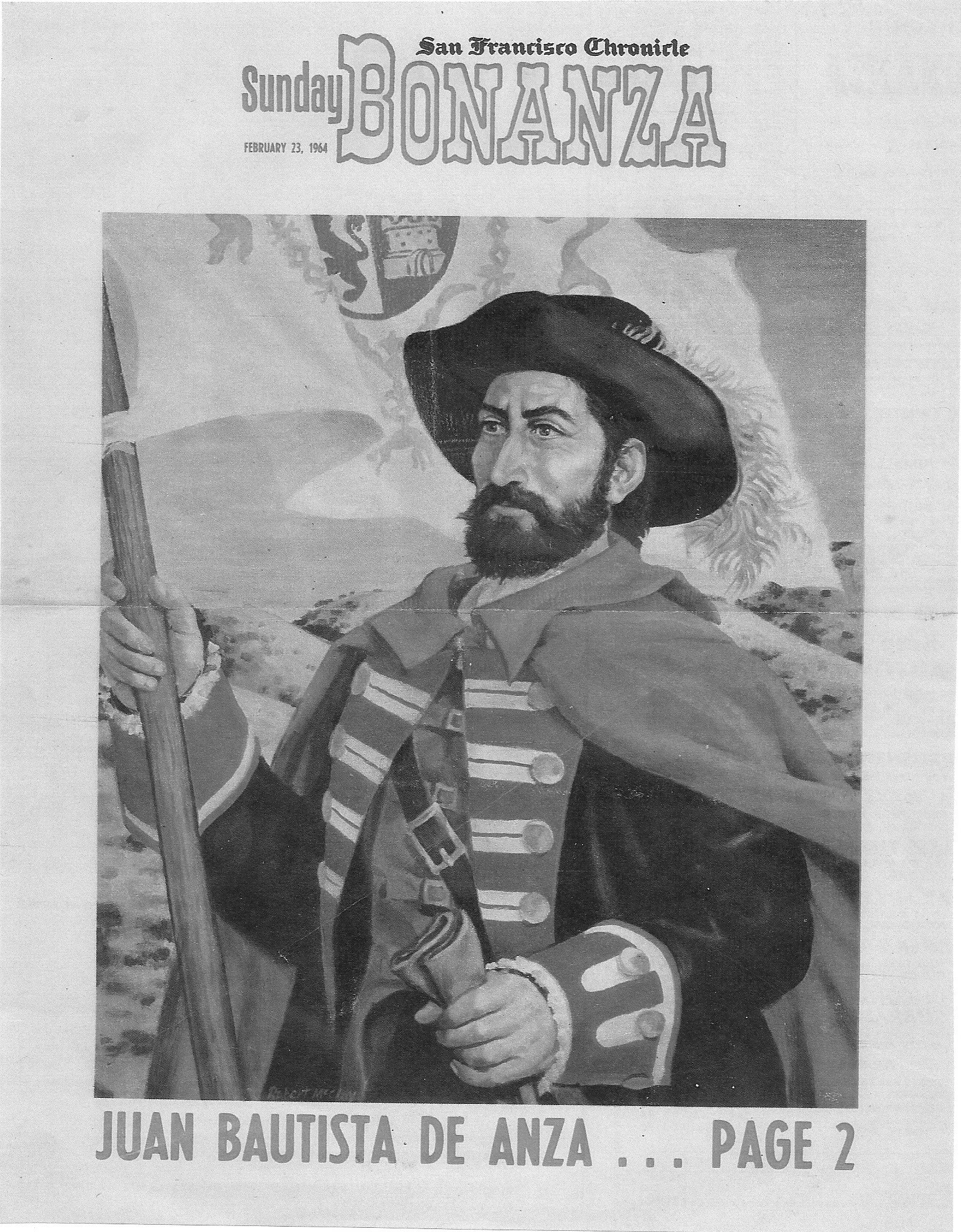 Sunday Bonanza cover from the San Francisco Chronicle, dated February 23, 1964, featuring a photo of McClay's portrait of Juan Bautista de Anza.