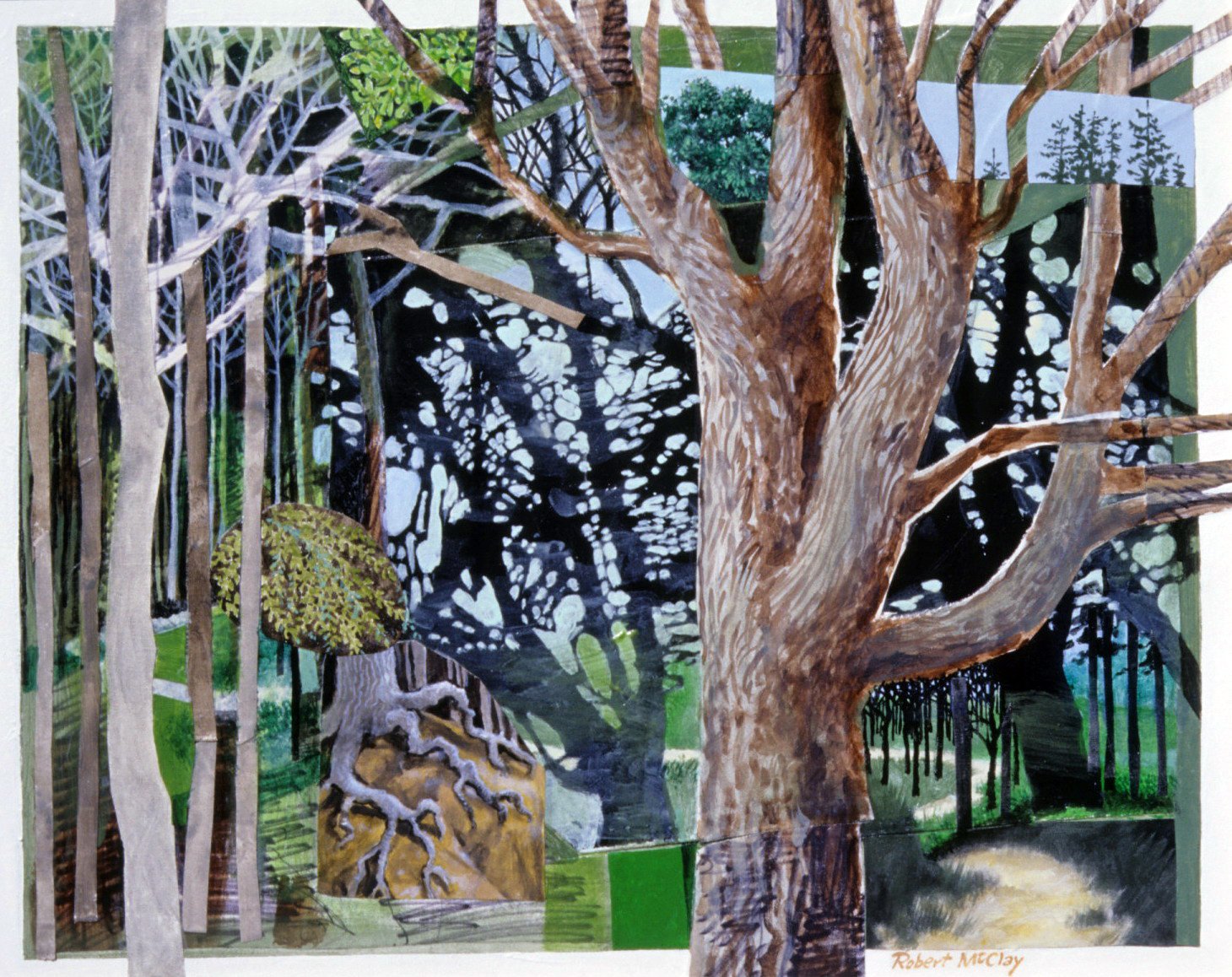 A collage of painted trees, including a large tree with a detailed bark texture in the center, surrounded by others with simpler textures, with background elements of black and green foliage, and some collage elements of trees and leaves.