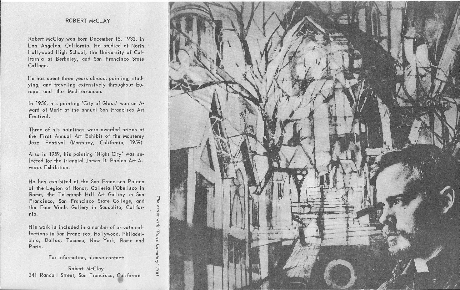 Photograph of McClay with his painting "Paris Cemetery" in 1961 with text about the artist, including his biography and artwork achievements.