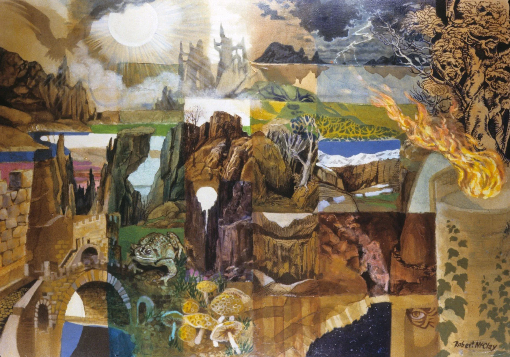 A collage of various landscapes and symbolic elements including mountains, waterfalls, trees, a lion's face, a bridge, and fire, created in a surreal style with vibrant colors.