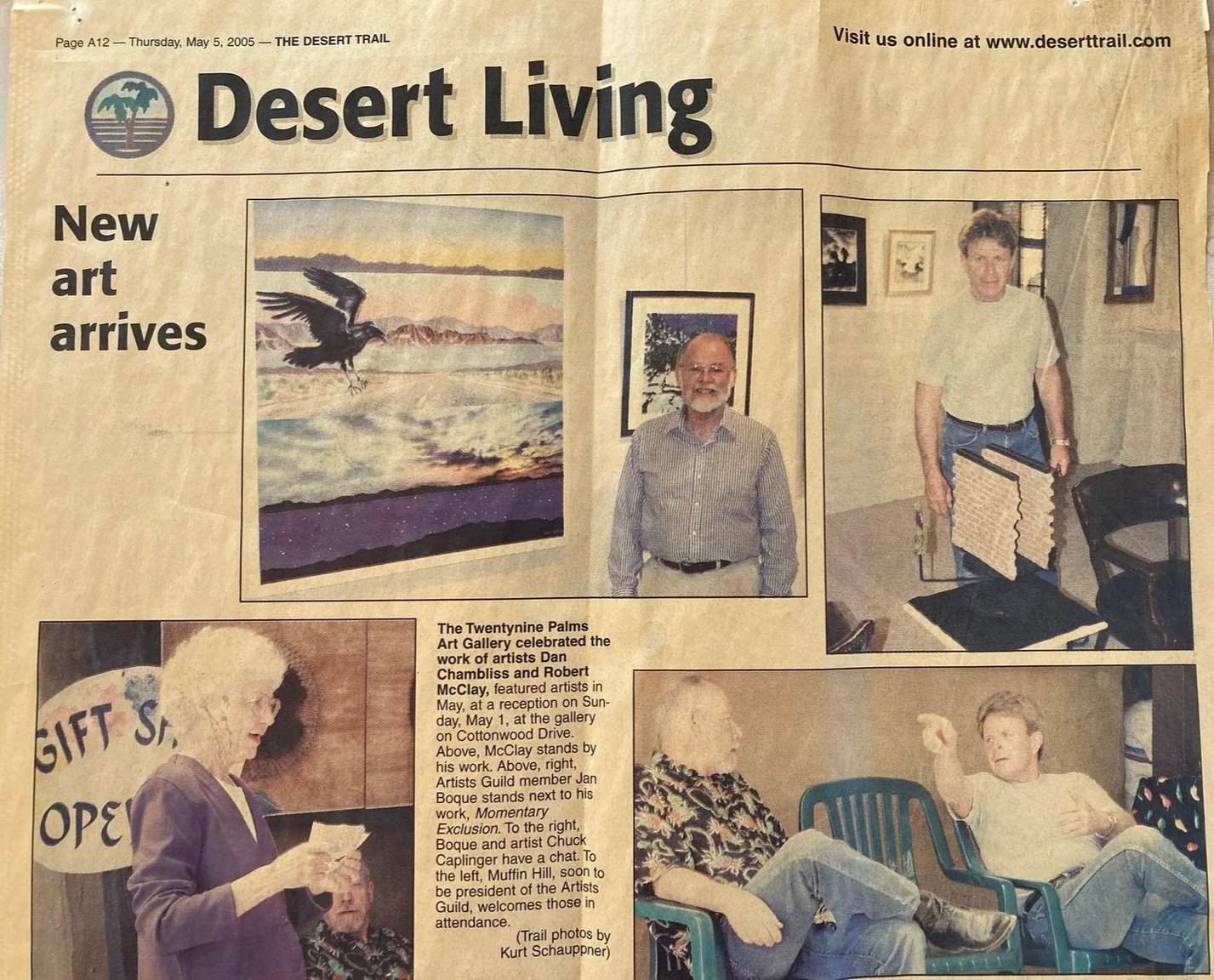 Newspaper page from The Desert Trail, May 5, 2005 featuring photos of artists Dan Chambliss and Robert McClay.
