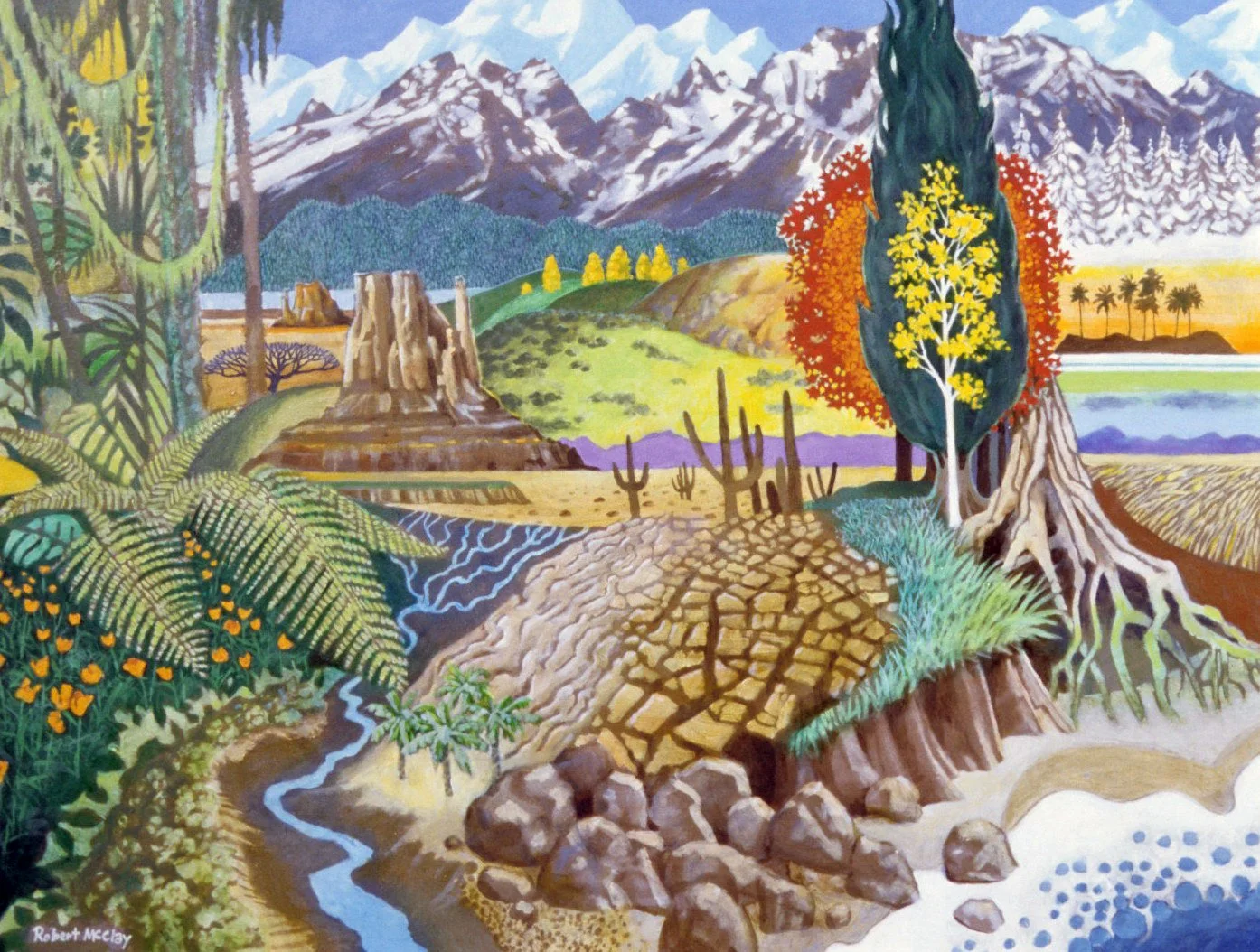 Colorful montage of multiple overlapping landscapes, including a desert scene, snow-capped mountain peaks, cacti, a river, trees, and farmland.