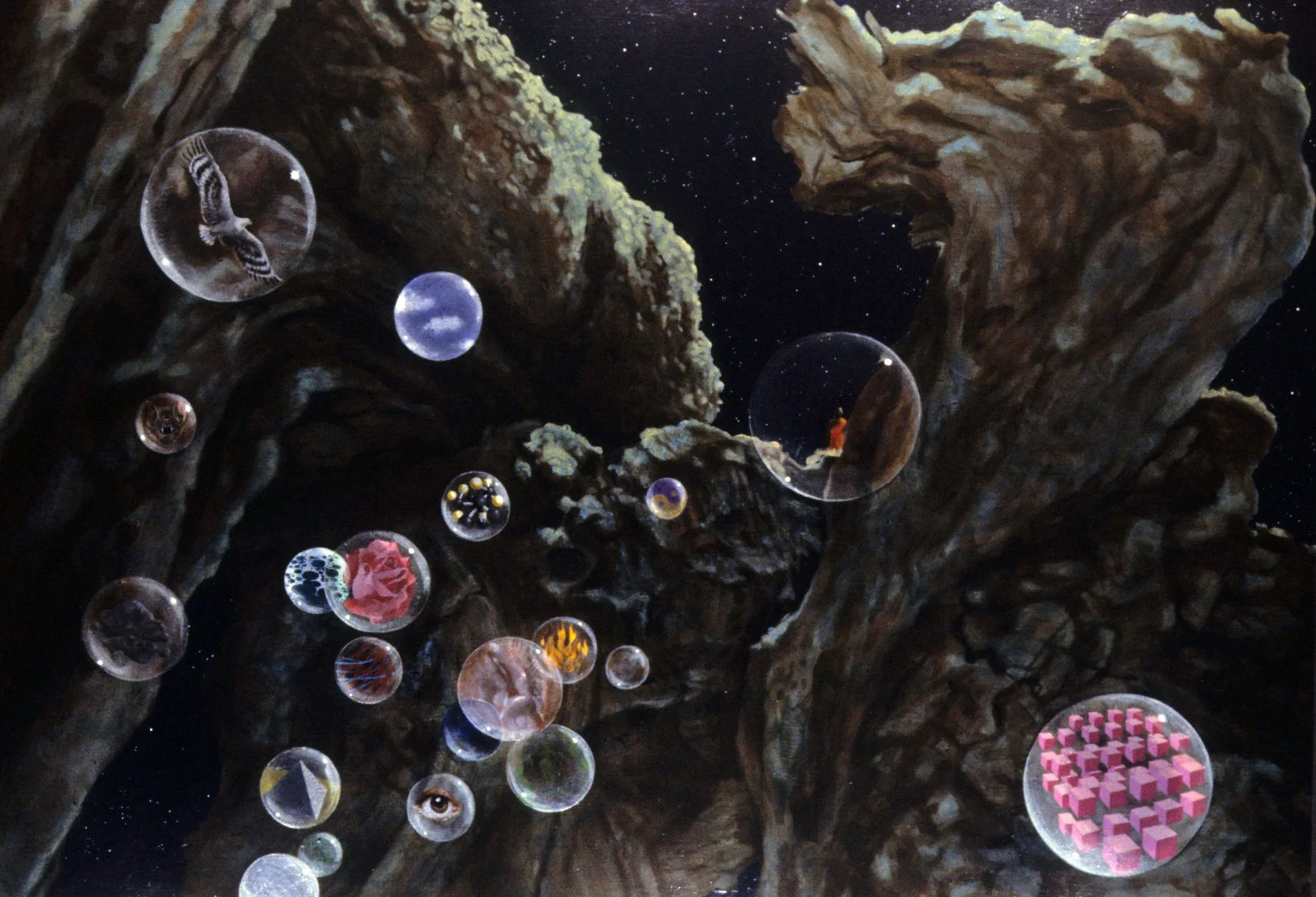 A surreal scene with floating transparent bubbles containing objects like an eye, a rose, a bird, flavored spheres, and geometric patterns, set against a dark, rocky background resembling space.