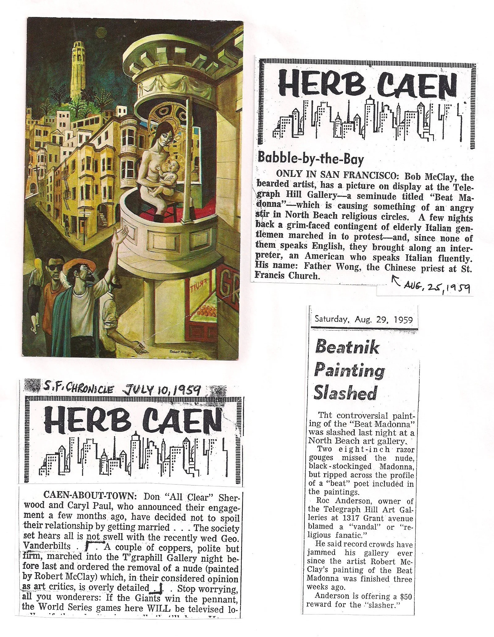 San Francisco Chronicle Newspaper articles from 1959 about McClay's painting "Beat Madonna" at the Telegraph Hill Gallery.