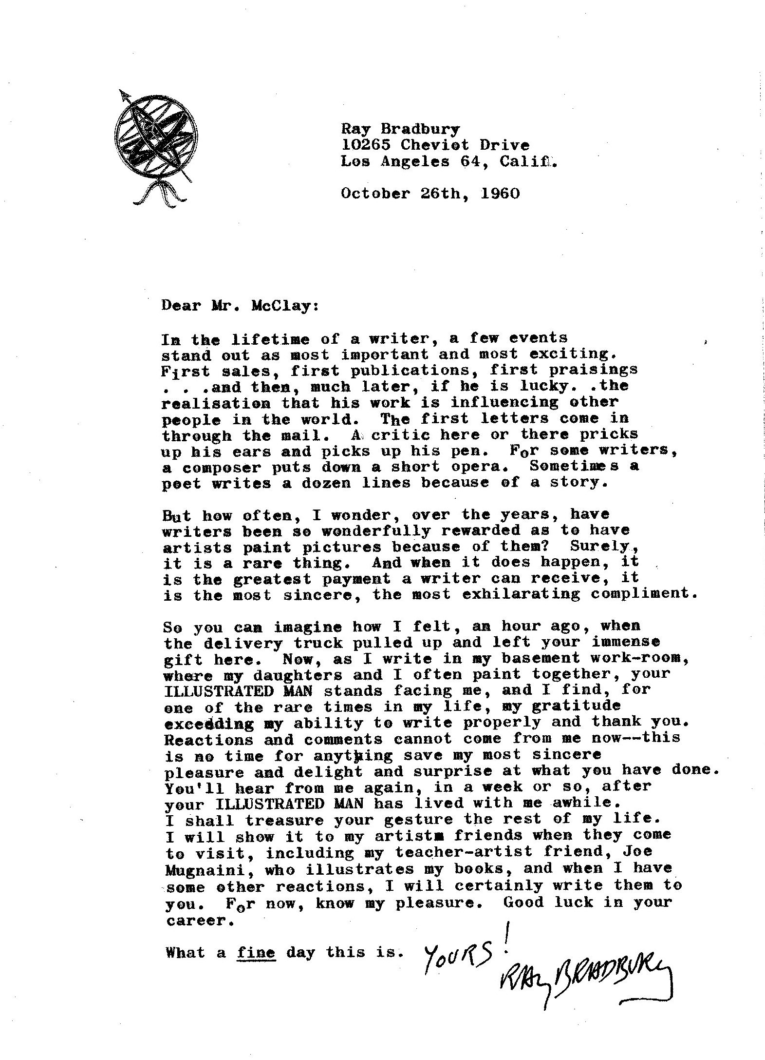 Letter written by Ray Bradbury to Mr. McClay, dated October 26th, 1960, expressing gratitude for his gift of the painting "The Illustrated Man", inspired by Bradbury's own novel of the same name.