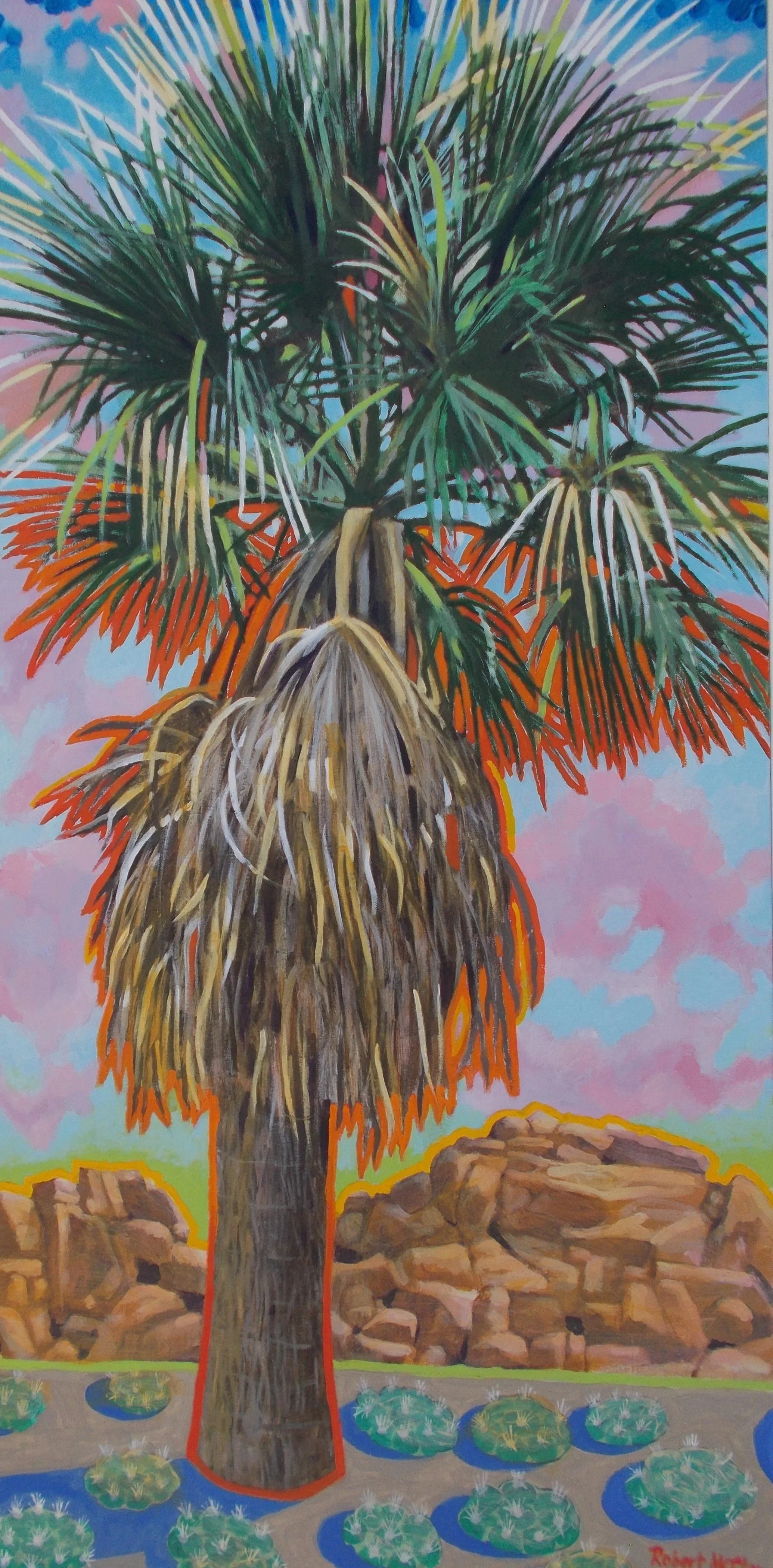 Painting of a colorful palm tree shimmering against a desert landscape with, rock formations, peyote cacti and a pink and blue sky.