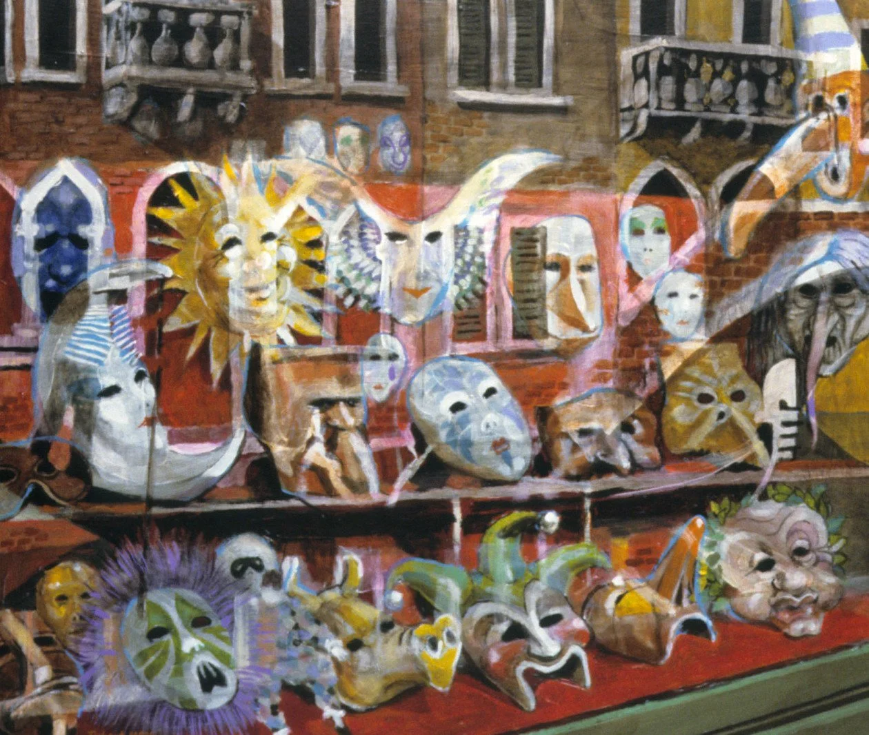 Colorful painting depicting a shop window display of Venice carnival masks, including a lion, an owl, a dog, and other characters, with a gondola reflected in the glass.