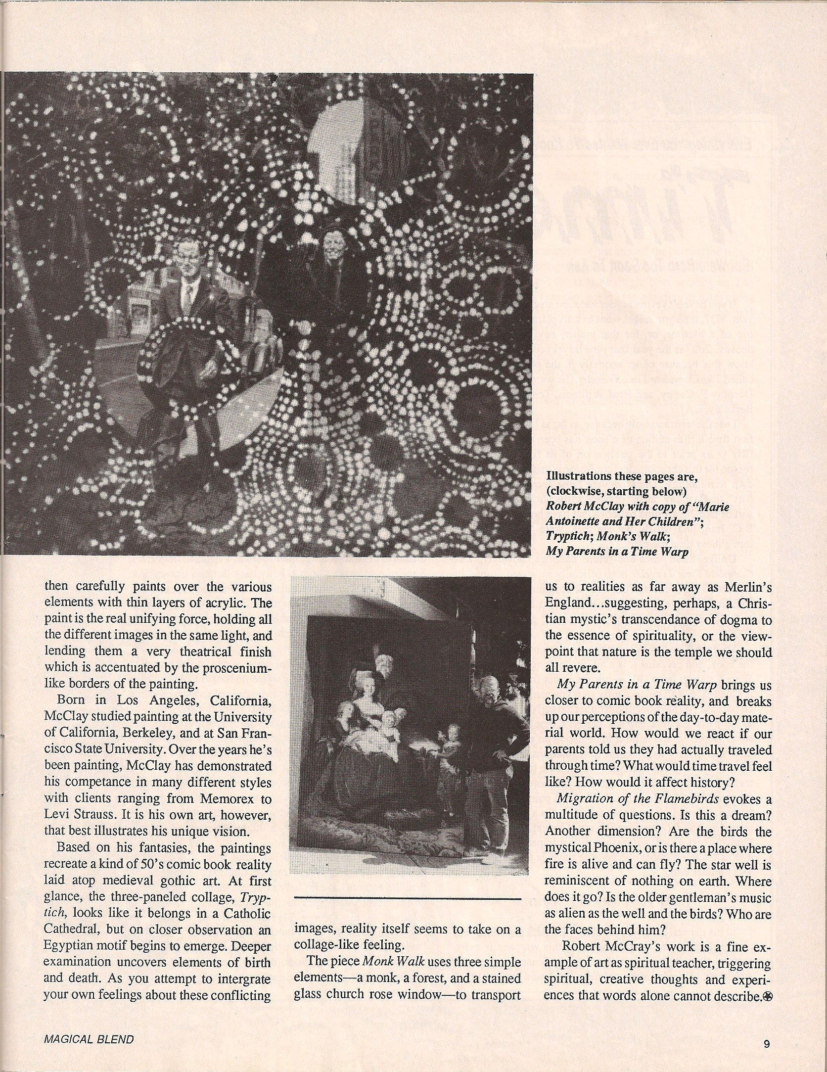 Photo of Page 4 of an article titled "The Fantasy World of Robert McClay" from Magical Blend Magazine, April 1989.