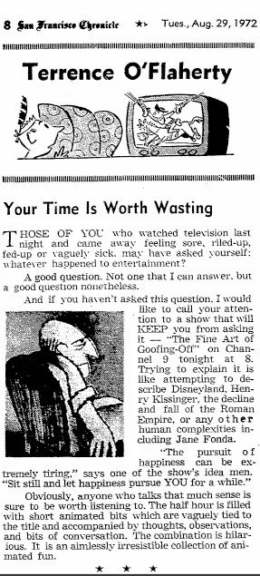 Clipping dated from the San Francisco Chronicle dated August 29, 1972, with a review by Terrence O'Flaherty of "The Fine Art of Goofing Off", a KQED T.V. mini-series featuring animation by Robert McClay.