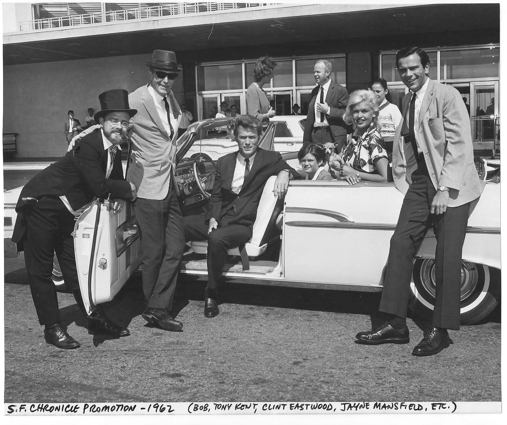 Photo of McClay with Jayne Mansfield, Clint Eastwood, Tony Kent and others taken for a San Francisco Chronicle promotion of the local event "Bagdad by the Bay" in 1962.