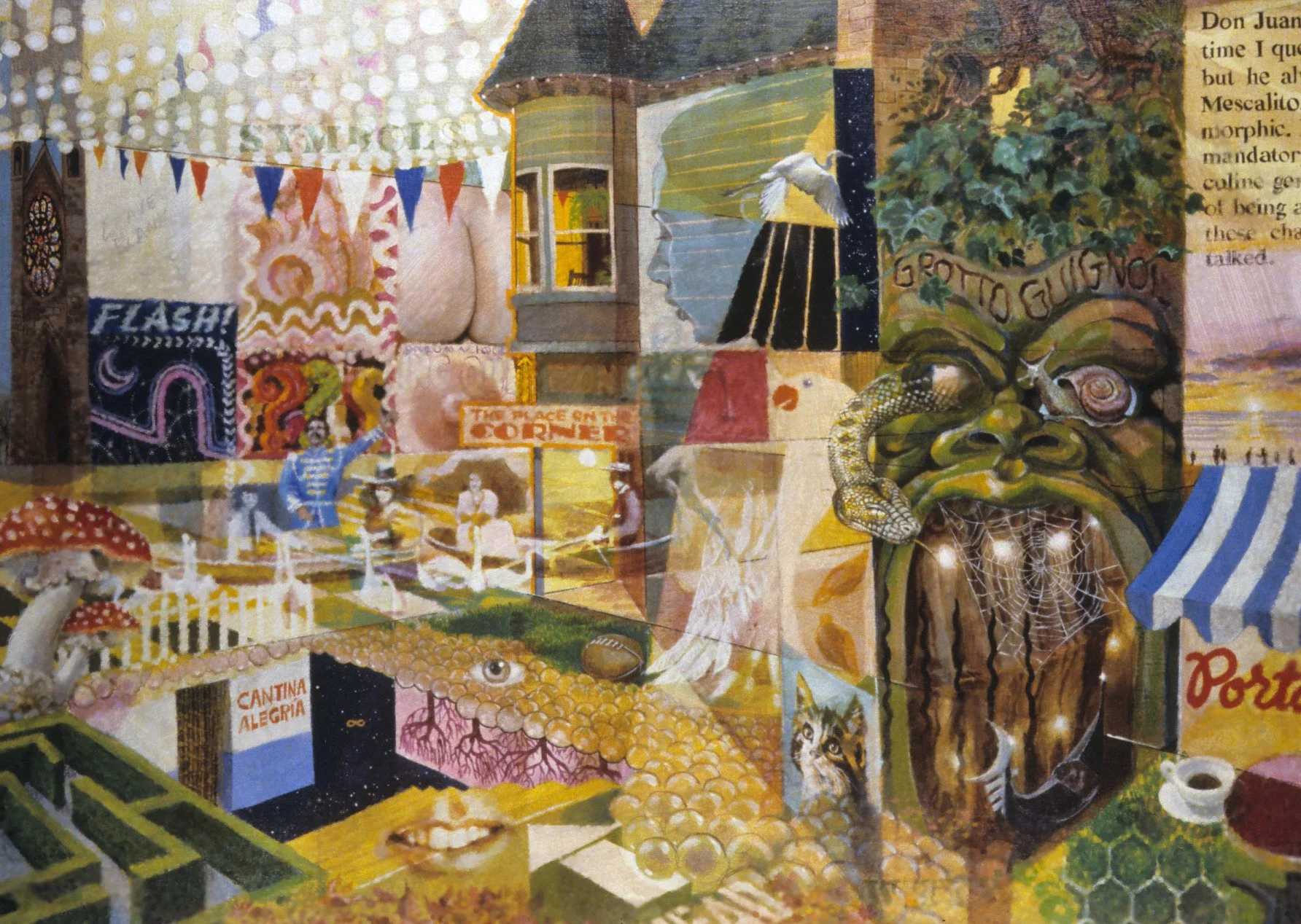 Collage of various colorful images including a Victorian bay window, a serpent, a woman's breast, bits of text from a book by Carlos Castaneda, a cafe awning, and other symbols and urban scenes.