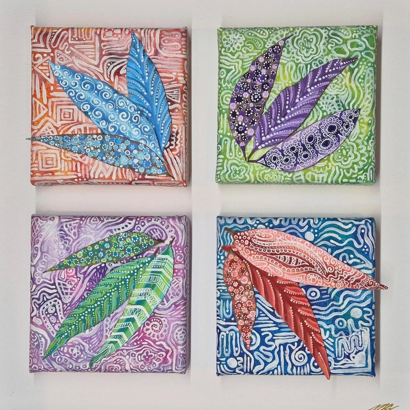 For sale .... this is a special piece to me - a collaboration with my youngest daughter.  She did the square canvss pieces and I, of course, did the leaves.  Beautifully mounted in a 525mm x 525mm white box frame, it will bring colour and life to you