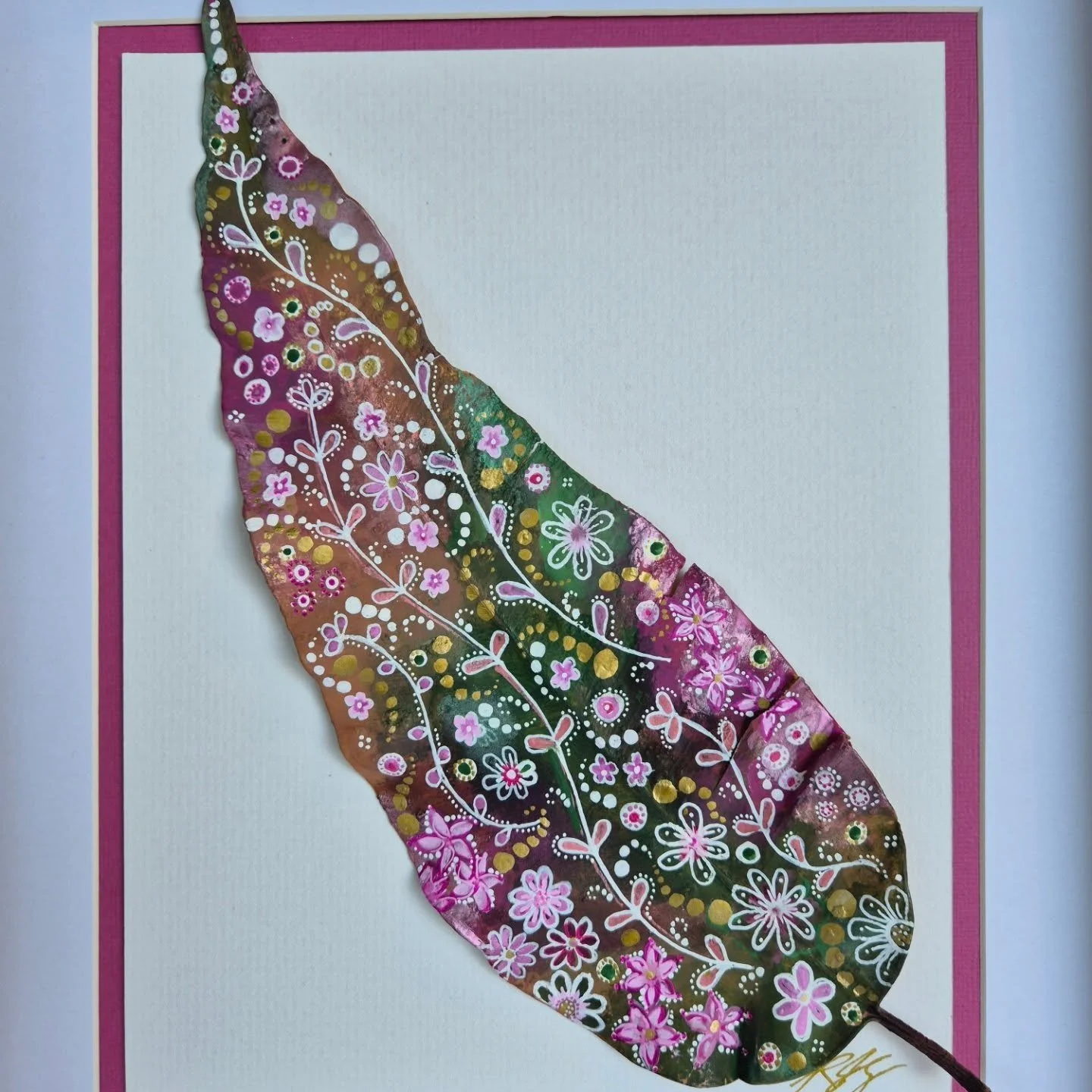 FOR SALE - Pink Whimsy - a single Giant Australian gum leaf, framed in a 308mm x 382mm white box frame.  She's a beauty, in earthy greens, pinks amd pops of gold that make her shimmer with life!  AUD 130 plus postage, or arrange pick up.  As always, 