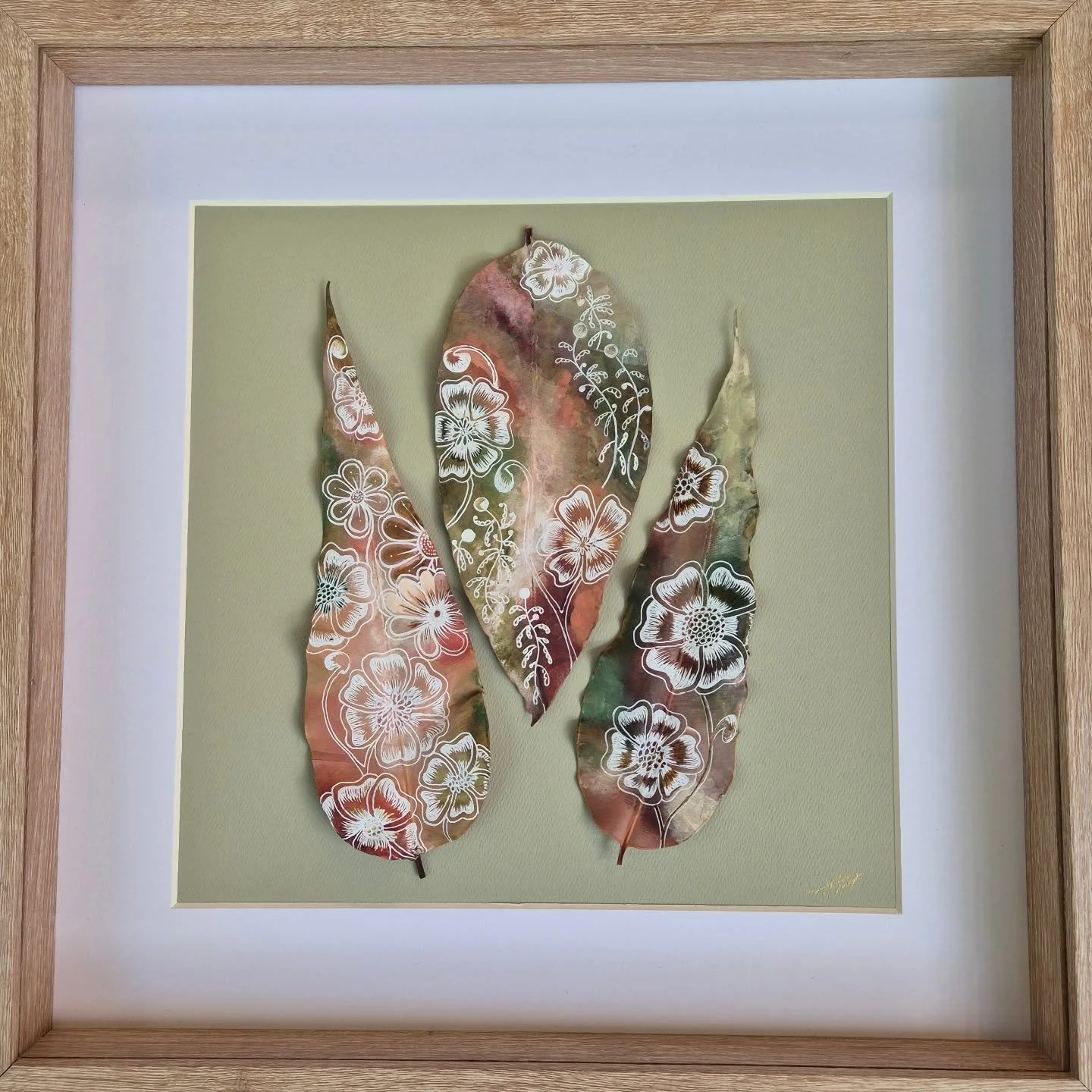 Earthy Wildflowers - one of my favourites - 3 large gum leaves in a 400mm x 400mm timber frame.  This beauty has gone to grace the walls of a beautiful family.  Being there to see the moment a Mother and her daughter fell in love with this piece at t