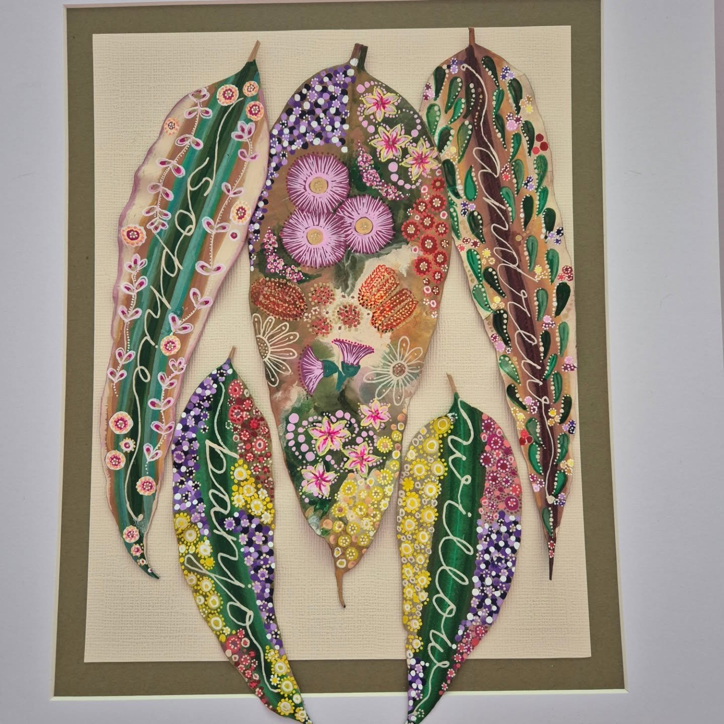 A really special piece for very special people and their fur-babies!  Brief was to entwine their names in leaves that referenced the Australian bush, with a pop of colour!  It's one of my favourite pieces!  You can message me to order something simil