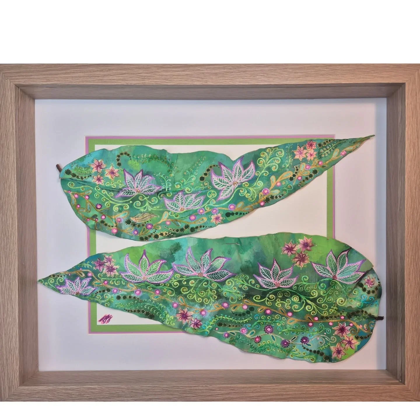 It isn't easy being green ... unless you are a giant gum leaf painted with pinks (and greens!). This is a 30cm x 40cm timber box frame and these beauties only just fit!  As a canvas they are a gift!  And now they will be gifted to a lovely daughter-i