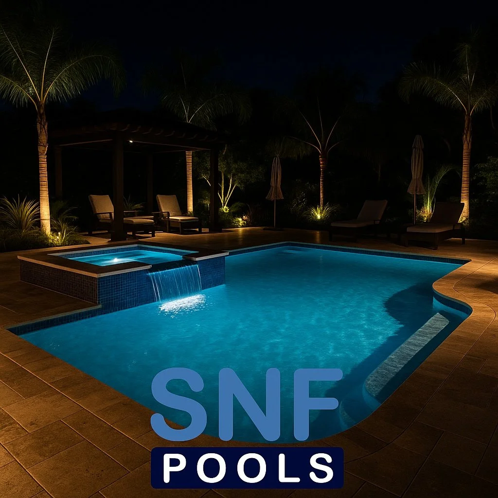 Clear water, clean tiles, perfect swim days. That&rsquo;s the SNF Pools difference. Evenings redefined. ✨ Dive into luxury and let every detail of your pool reflect pure sophistication.