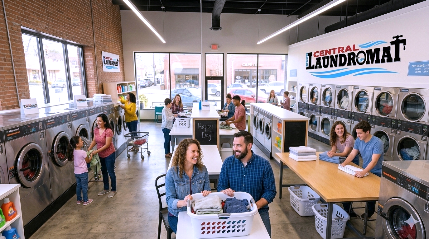 Happy customers at the laundromat