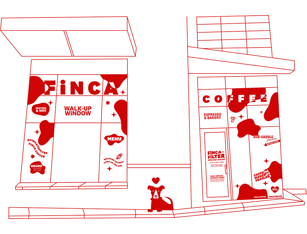 Outline illustration of a small coffee shop or cafe with signs that say 'Finca' and 'Coffee,' featuring menu boards, a walk-up window, and decorative elements like a cat with a heart.