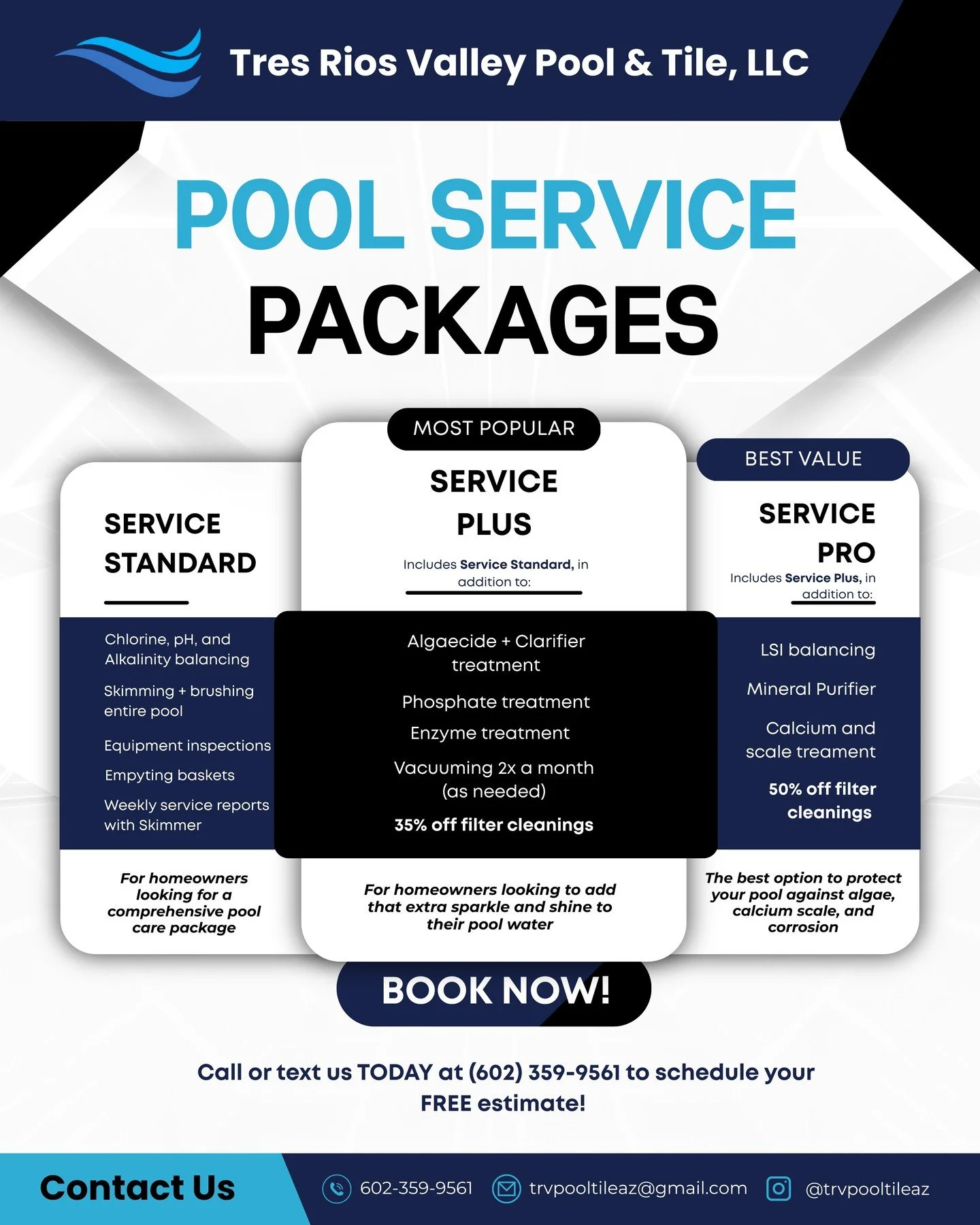 Interested in taking us on as your new pool service professional? Take a look at our different pool service packages! 👀

Each one is tailored to meet our customers' unique pool service needs, so that they can receive the best service without comprom