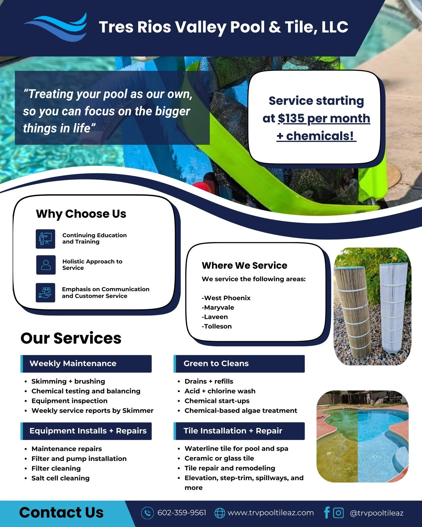 We are proud to announce that Tres Rios Valley Pool &amp; Tile, LLC is now taking on new customers!! 

Special Offer for LAVEEN Residents:
Get your 4th week FREE when you sign up for weekly service! Text "LAVEEN" to (602) 359-9561 to claim 