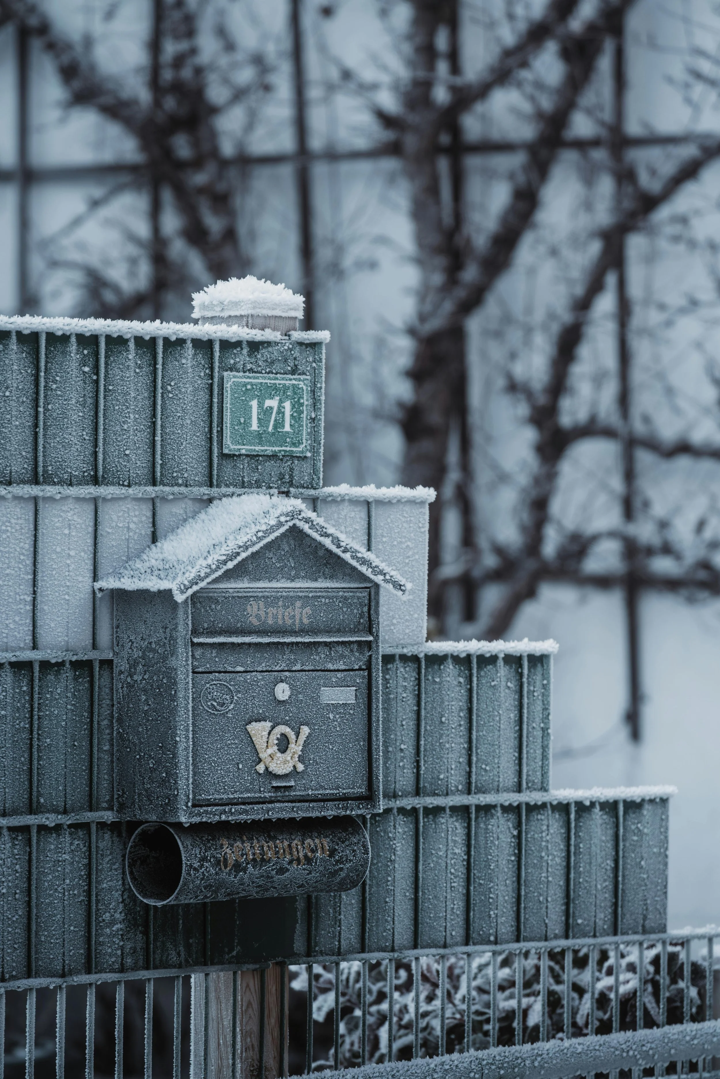 Frost-covered gray mailbox with house-shaped top, mounted on a wooden post, in front of a snow-covered fence and leafless trees in the background.