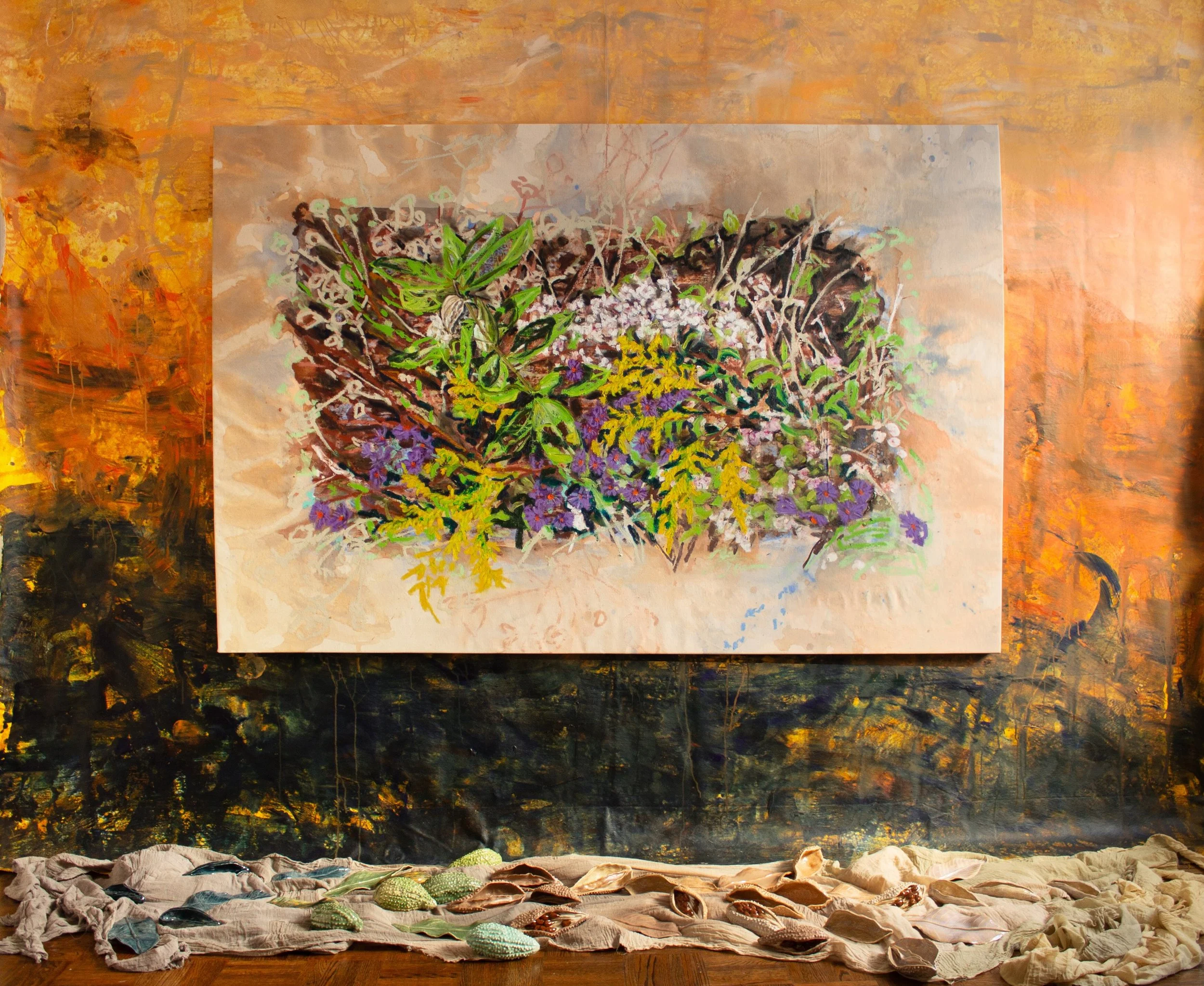 deFleuriotPerry_Olivia_MilkweedGoldenrodandAsters_AcrylicPaintOilPaintOilStickTemperaPaintstickCharcoalCanvasHandDyedMuslinThreadandClay_DimensionsVary_2026.jpeg