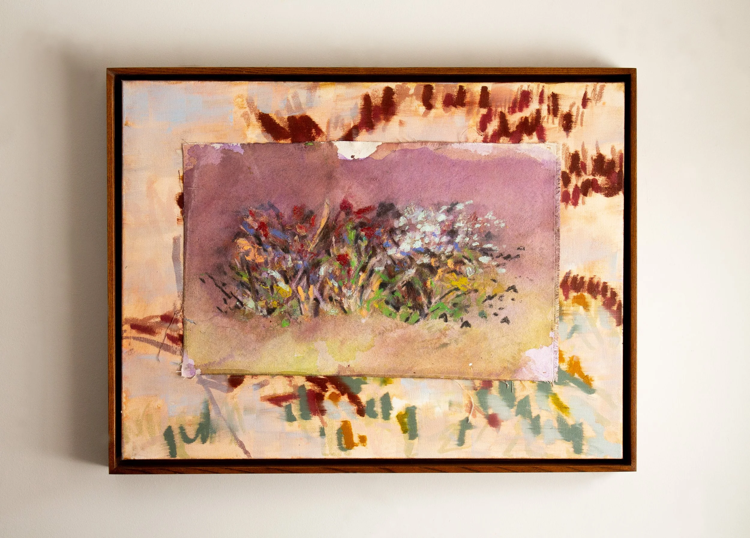 Fall Flowers 2; Acrylic, oil paint, oil stick, tempera paint stick, oil pastel, and charcoal on canvas; 12x16"; 2025