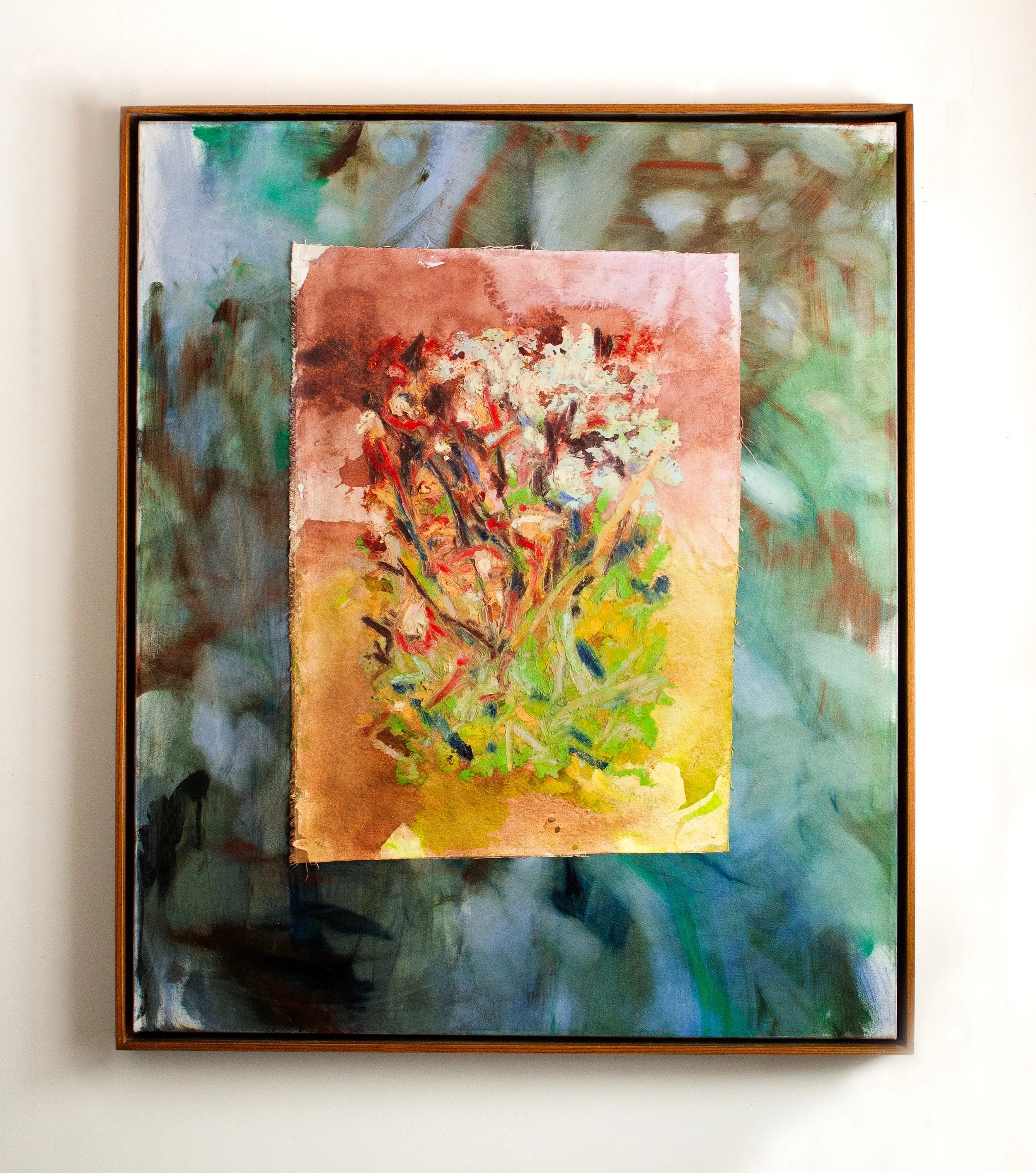 Fall Flowers 1; Acrylic, oil paint, oil stick, tempera paint stick, and soft pastel on canvas; 36x30"; 2025