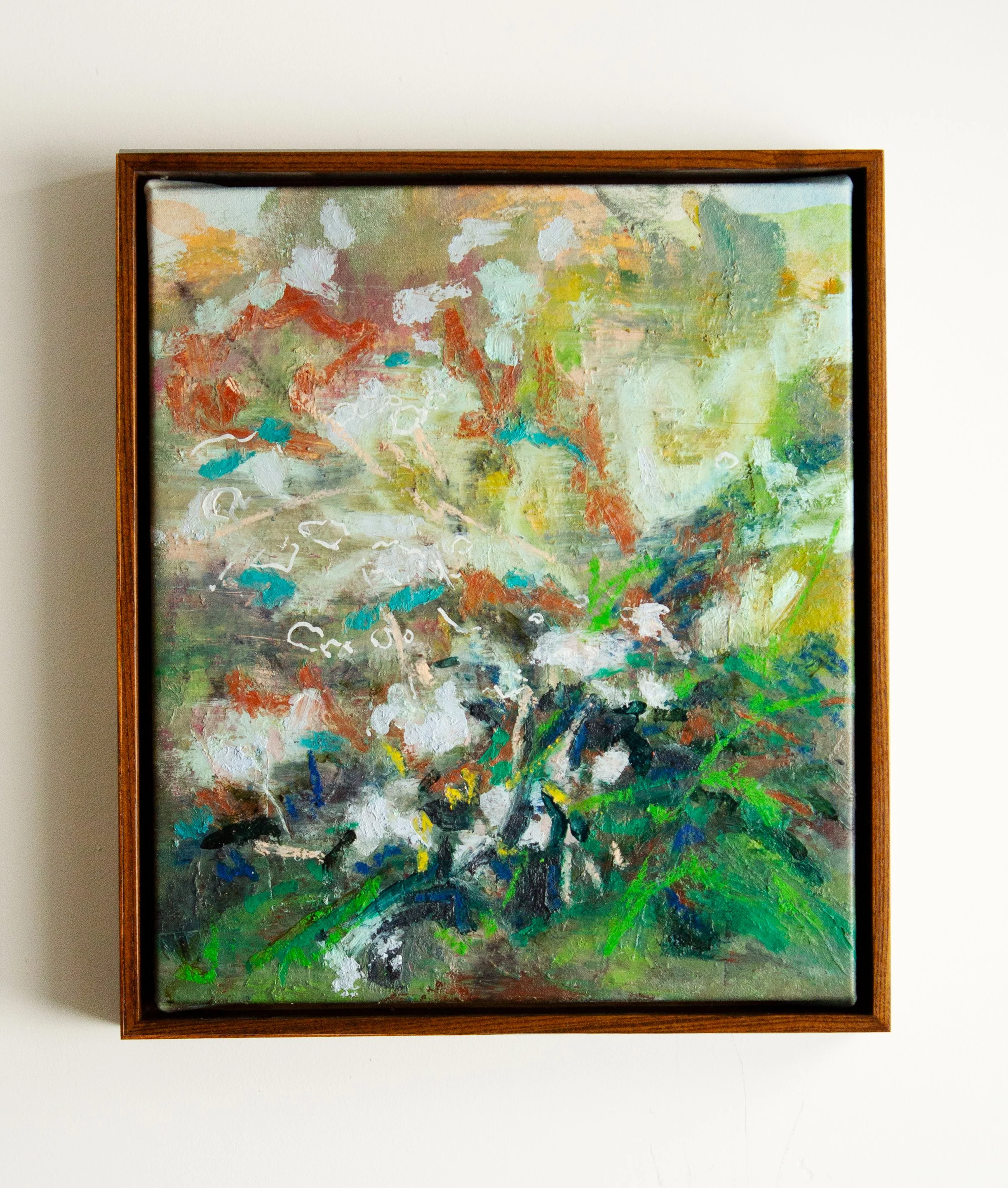 Blue Pale 1 (Goldenrod & Fleabane); Acrylic paint, oil paint, oil pastel, tempera paint stick, and oil stick on canvas; 14x12"; 2025