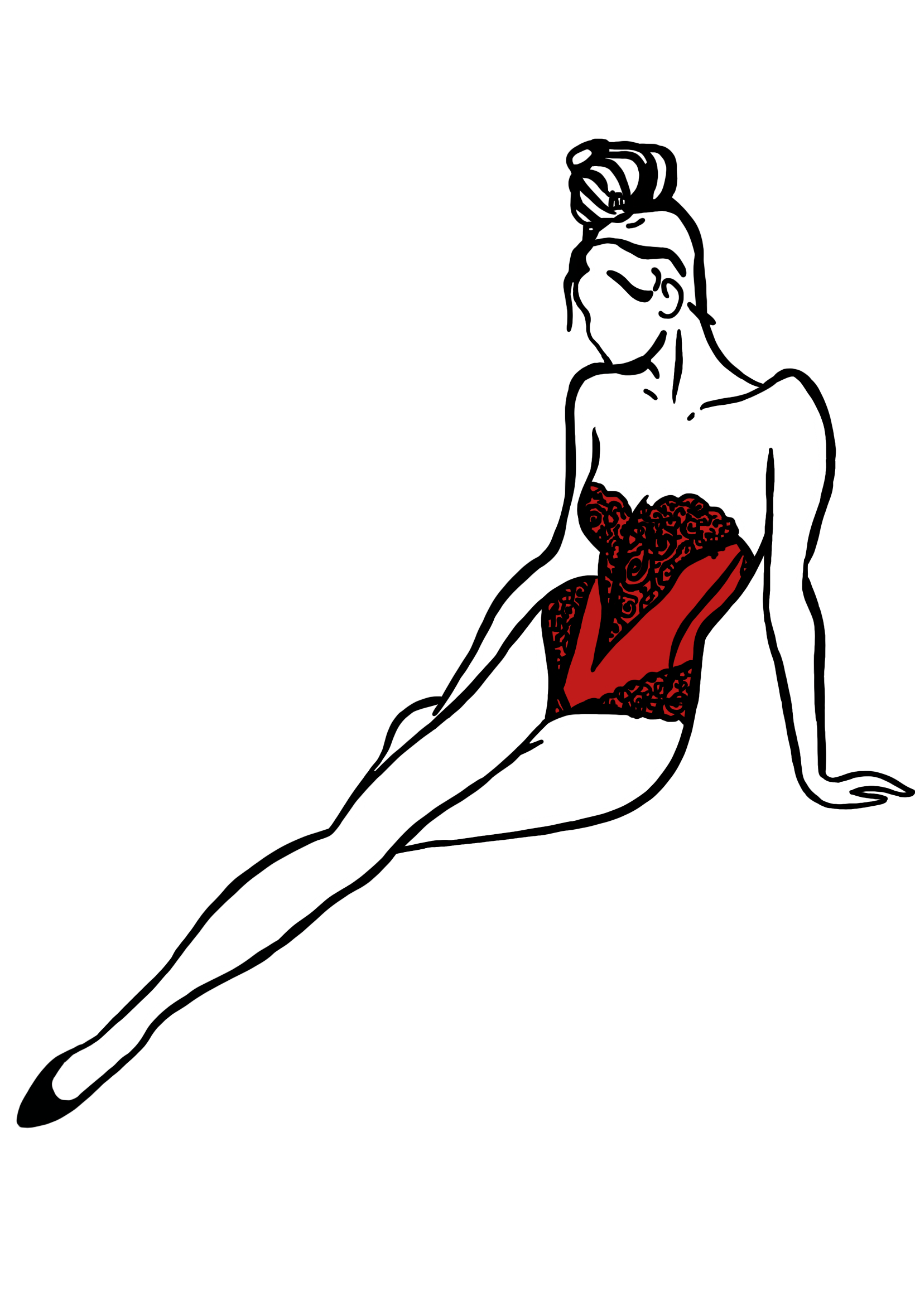 A stylized illustration of a woman sitting on the ground in a red lace breastplate strapless outfit, with her legs stretched out and her hair styled in an elegant updo, against a black background.