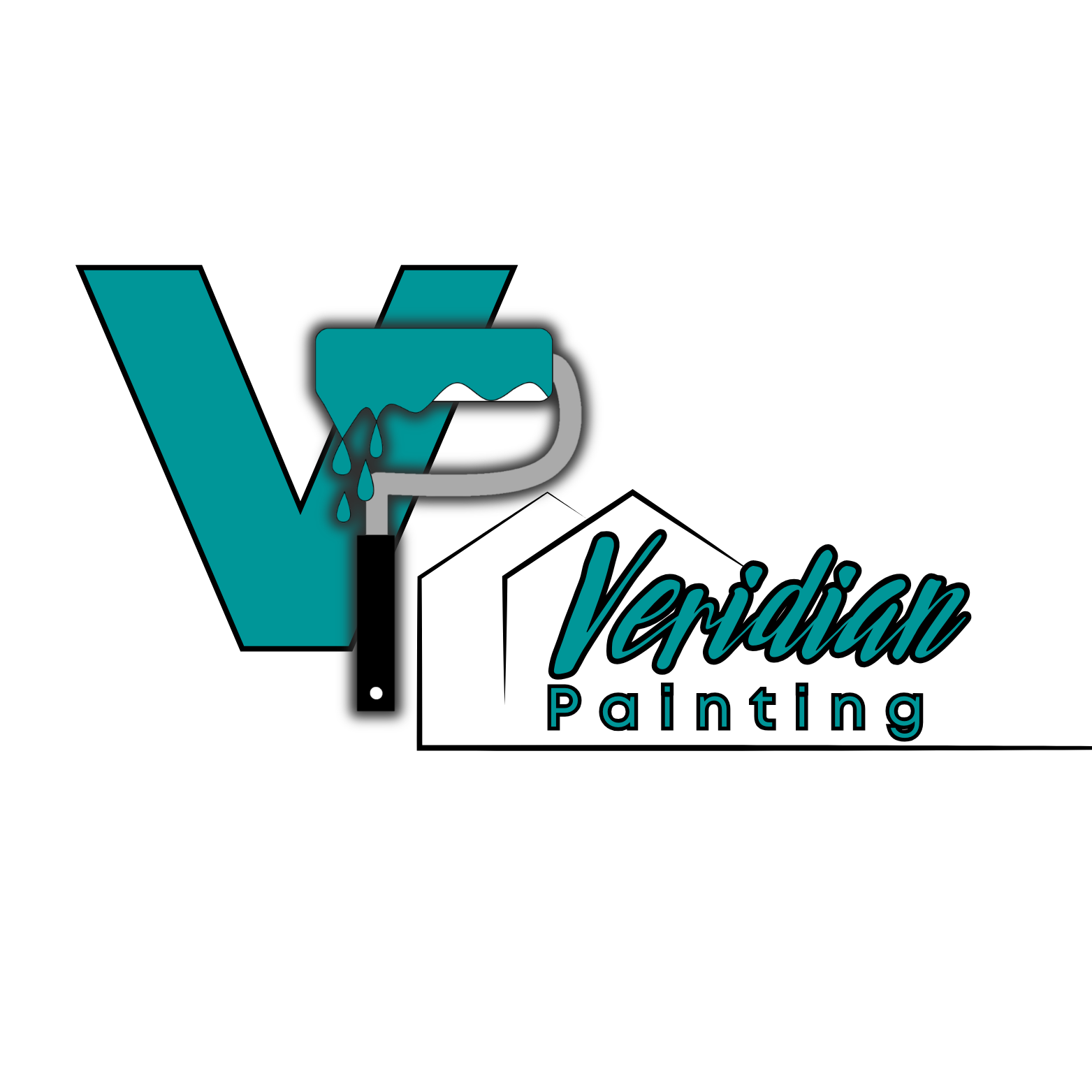 A logo for Veridian Painting featuring a large turquoise 'V' with a paint roller integrated into the letter, with teal paint dripping from the roller, and the words 'Veridian Painting' written in teal script and sans-serif fonts.