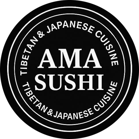 Black circular logo with white text that reads "AMA Sushi" in the center, and "Tibetan & Japanese Cuisine" repeated around the outer edge.