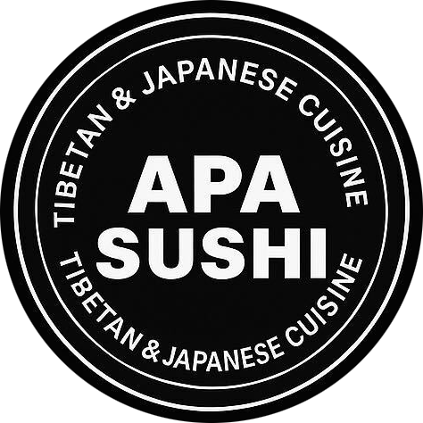 Black circular logo with white text that reads: 'Tibetan & Japanese Cuisine' around the top and bottom, and 'APA SUSHI' in the center.