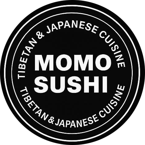 Logo for Momo Sushi, a Tibetan and Japanese cuisine restaurant with black background and white text.