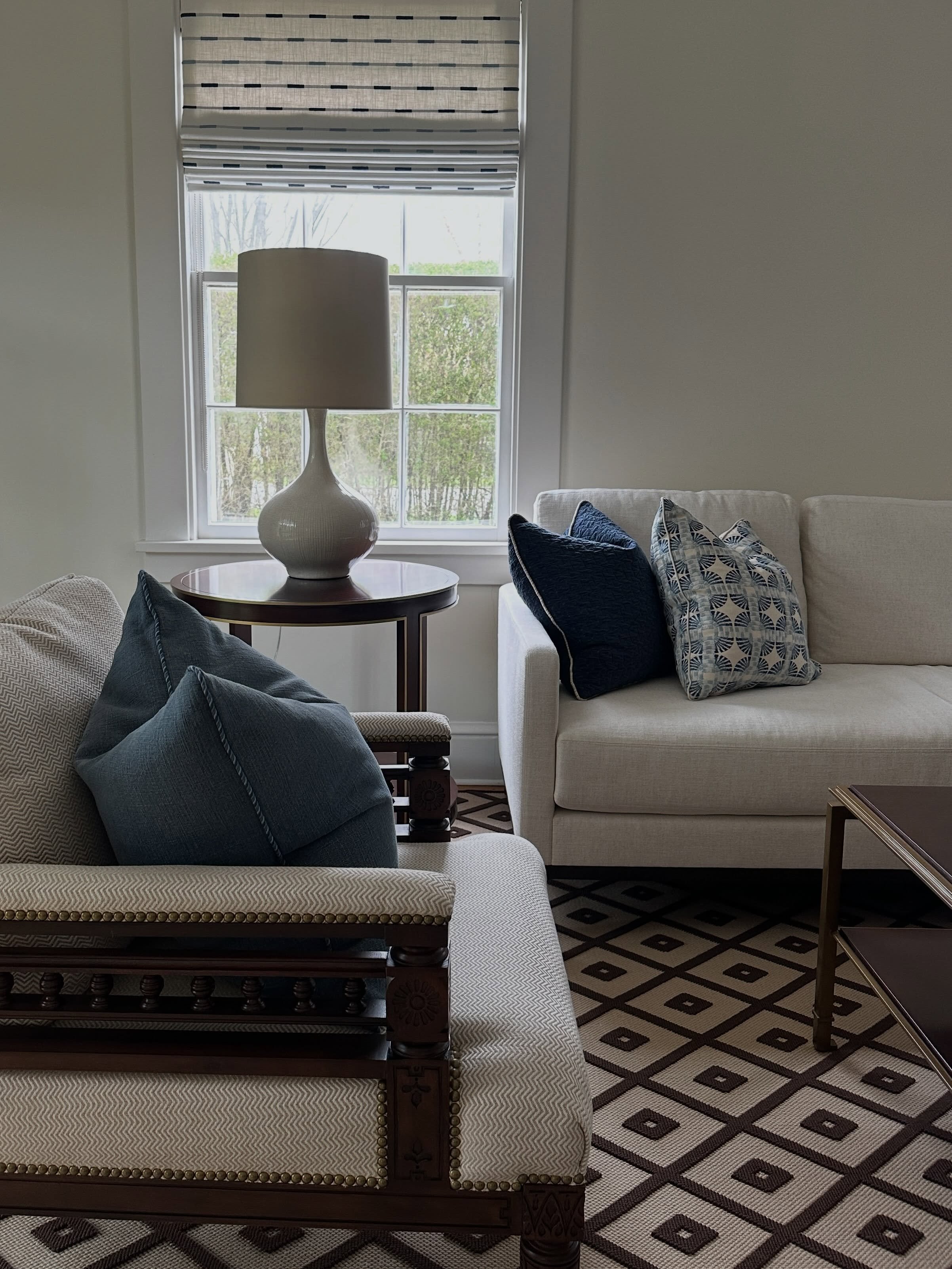 This room has a past life. 

We bought these chairs and area rug over 10 years ago for our client&rsquo;s previous home. For his new house in Southampton, none of us wanted to part with them, so we created one formal room in this beach house for thei