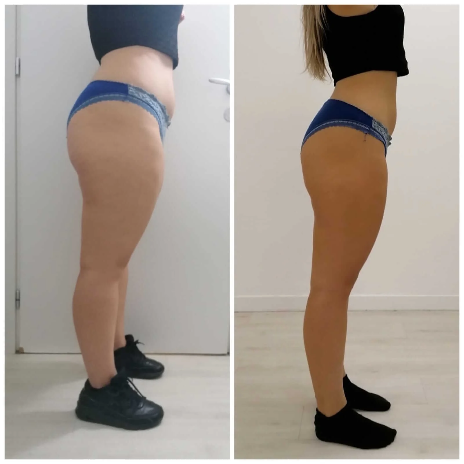 Side-by-side comparison of a woman's body before and after weight loss or fitness transformation, focusing on waist and hips, wearing black crop top and denim shorts.