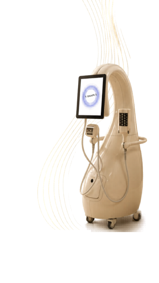 Medical device with a curved structure, attached to a screen displaying 'T-SHAPE 2', and connected to various cables.