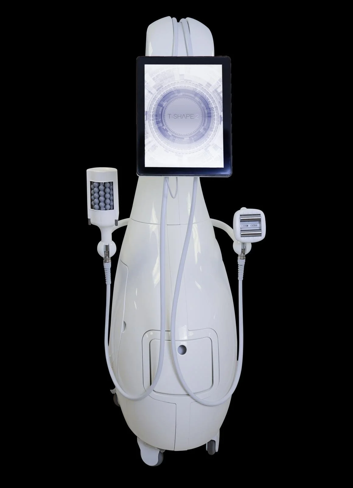 A futuristic, white medical or aesthetic device with a large touch screen display showing a digital interface, multiple handpieces attached by cords, and a sleek, modern design against a black background.